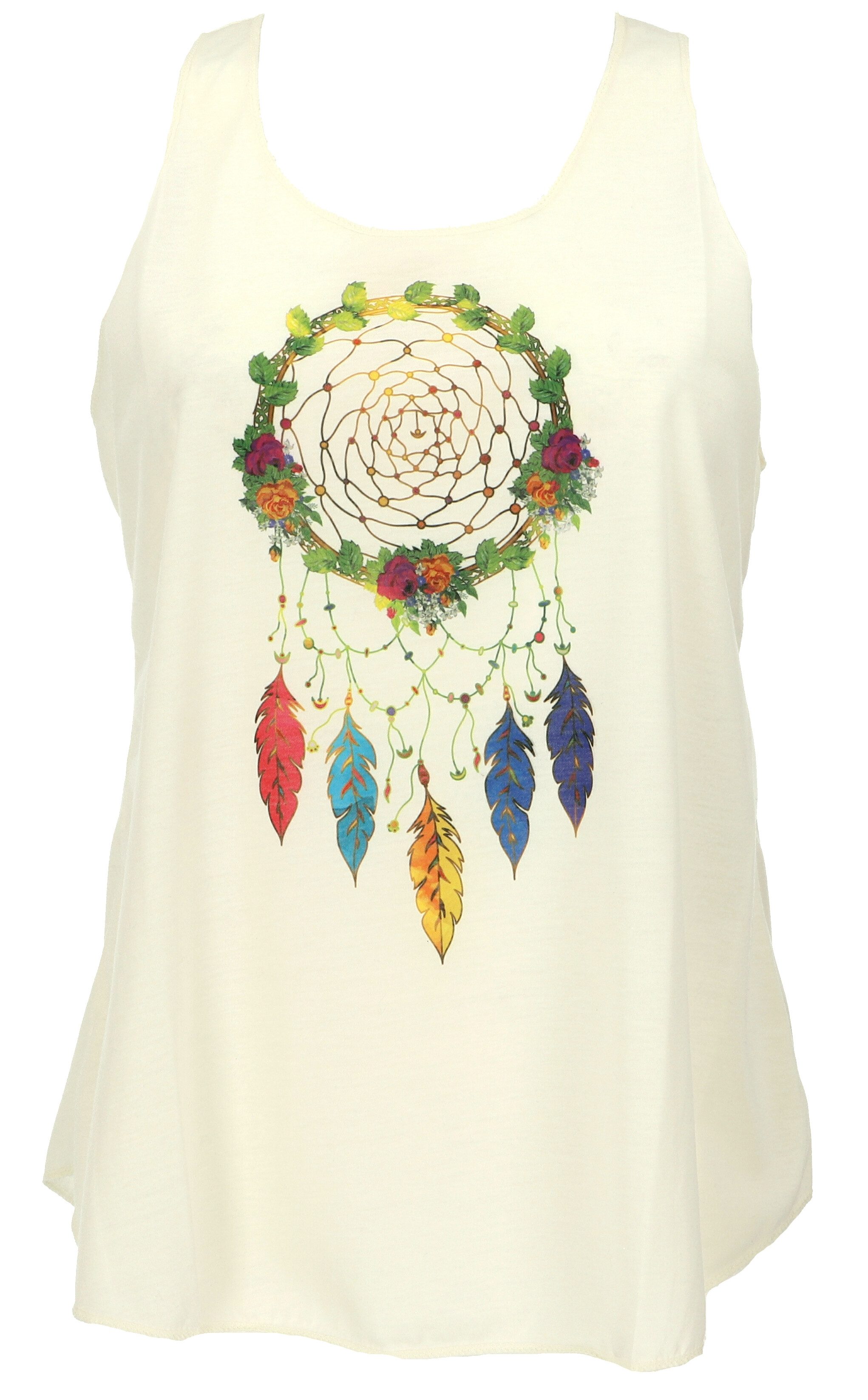 Guru-Shop T-Shirt Tanktop mit farbigem Ethnodruck - creme.. Ethno Style, Hippie, alternative Bekleidung, Festival