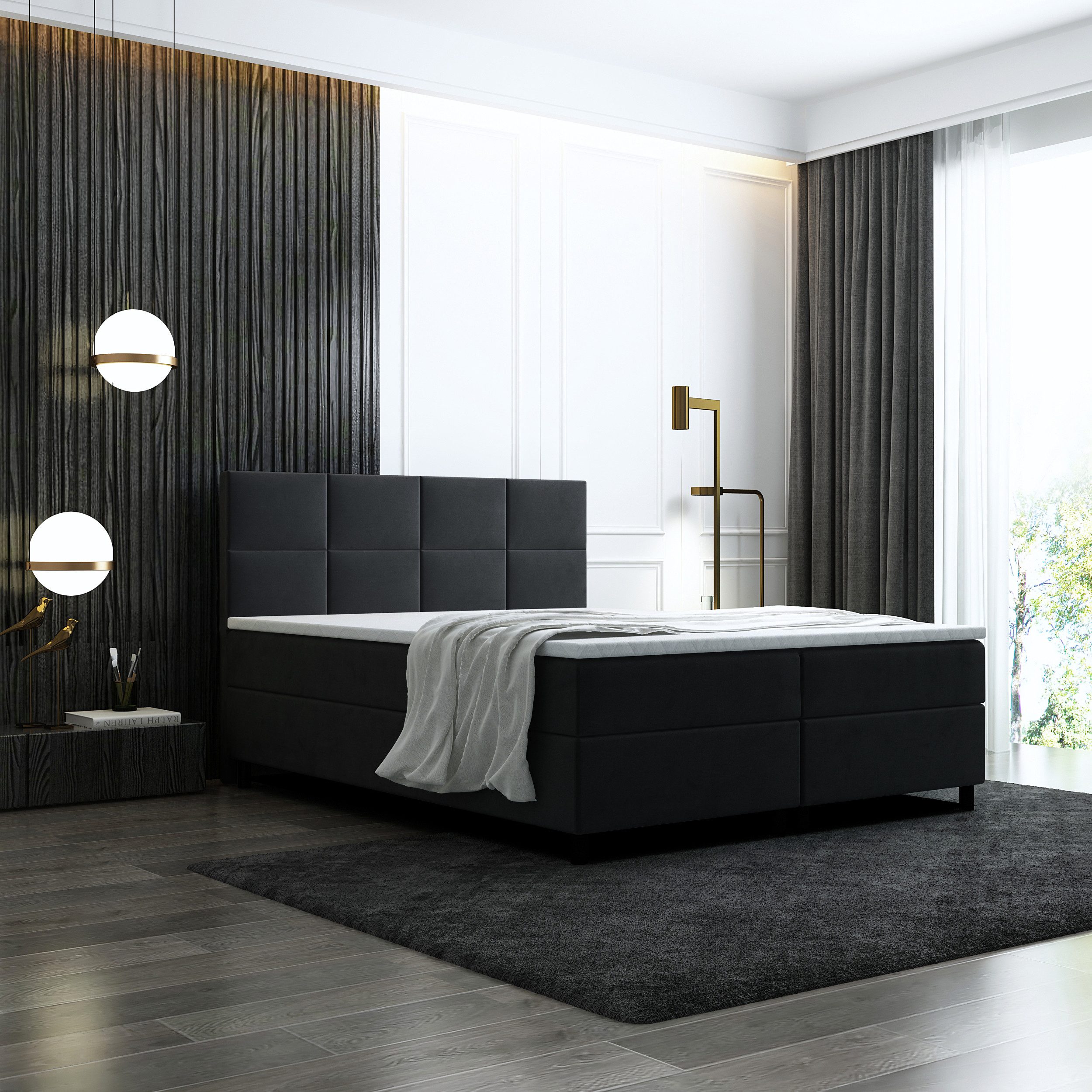 thematys Boxspringbett Luxus mit Bettkasten 140x200–180x200cm - Velours Bezug (Polsterbett Bonnellfederkern Matratze H3 + Gratis 3cm Topper, – Doppelbett mit Stauraum - Boxbett)
