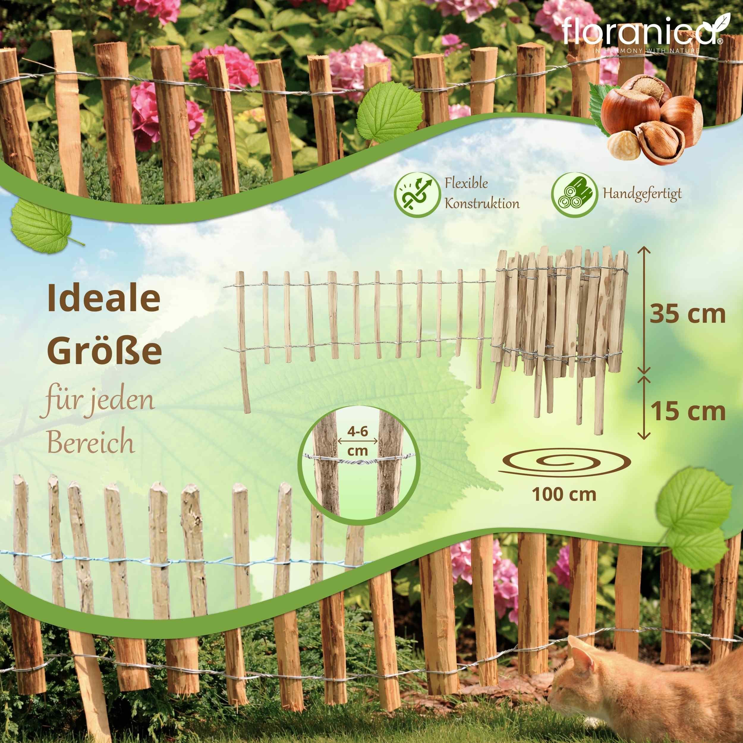Floranica Staketenzaun Staketenzaun mit Pfosten Stekzaun Holzzaun Gartenzaun aus Haselnuss, (L / H 100 x 35 cm, 1-St., Lattenabstand 4-6 cm), Teichumrandung Grundstücksumrandung Beeteinfassung Bauerngarten