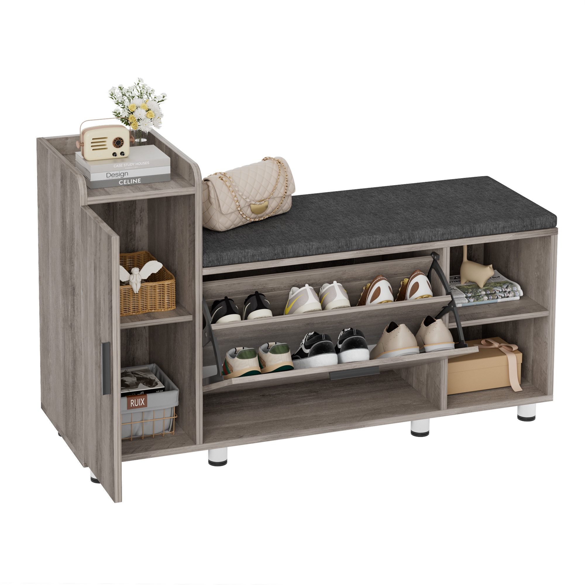 FiveWillowise Schuhschrank mit Sitzfläche & Stauraum, 105×34×67 cm, 3 Klappen & 8 Metallfüßen Grau, Schuhbank mit Sitzfläche für Flur & Eingang