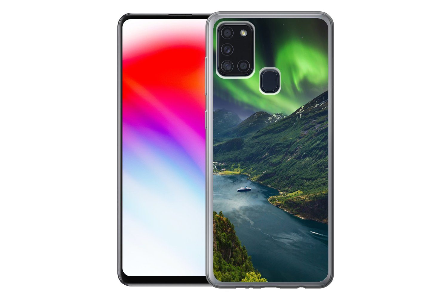 MuchoWow Handyhülle für Samsung Galaxy A21s Nordlichter - Berg - Boot - Norwegen, Smartphone-Bumper, Print, Handy Schutzhülle Dünn