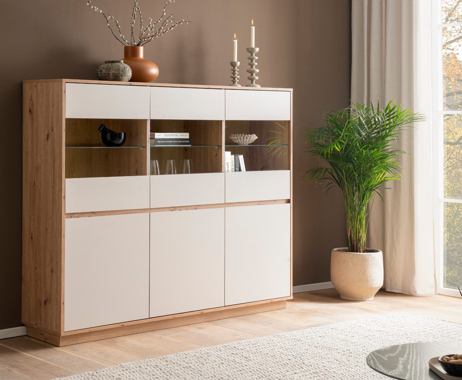 Furn.Design Highboard Kiruma (Schrank in Kaschmir / Sand und Artisan Eiche, 6-türig, 164 x 138 cm), mit 15 Fächern, Soft-Close-Funktion – Bild 3 von 5
