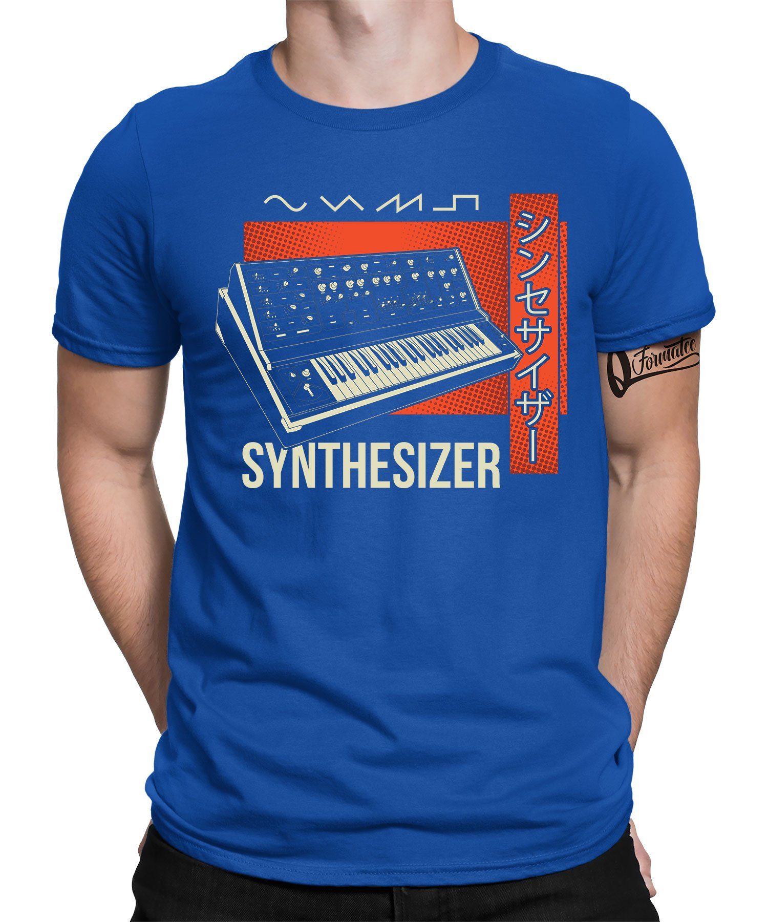 Vintage Synthesizer - Quattro Elektronische (1-tlg) Retro Formatee Blau T-Shirt Musiker Herren Kurzarmshirt