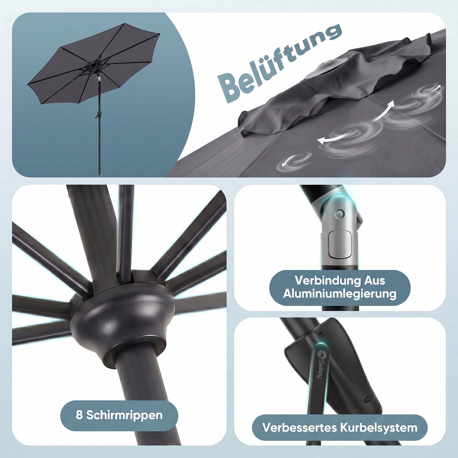 Sekey Sonnenschirm 3 x 3 m Aluminium Gartenschirm mit Kurbel, LxB: 300,00x300 cm, UV-Schutz 50+, für Balkon, Garten & Terrasse