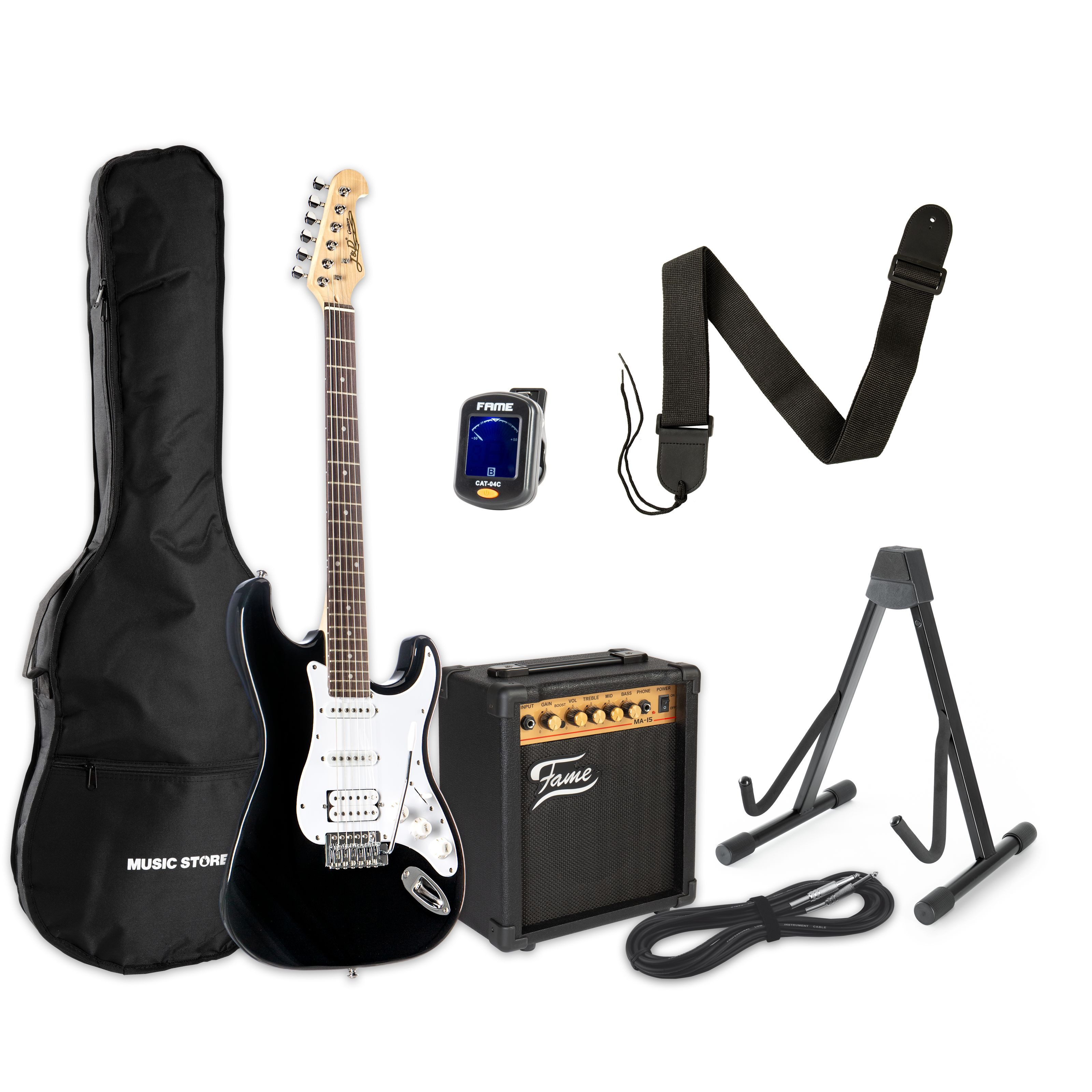 J & D E-Gitarre, E-Gitarren, E-Gitarren-Sets, ST Rock HSS Black + MA 15 - E-Gitarren Anfänger Set
