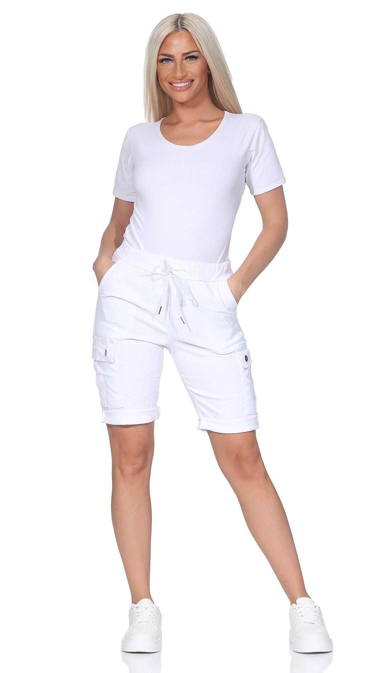 OriginalYou Cargoshorts Damen kurze Sommer Hose Stretch Bermuda Gummizug und Schnürung moderner Knitterlook, mit Gummizug & Schnürung