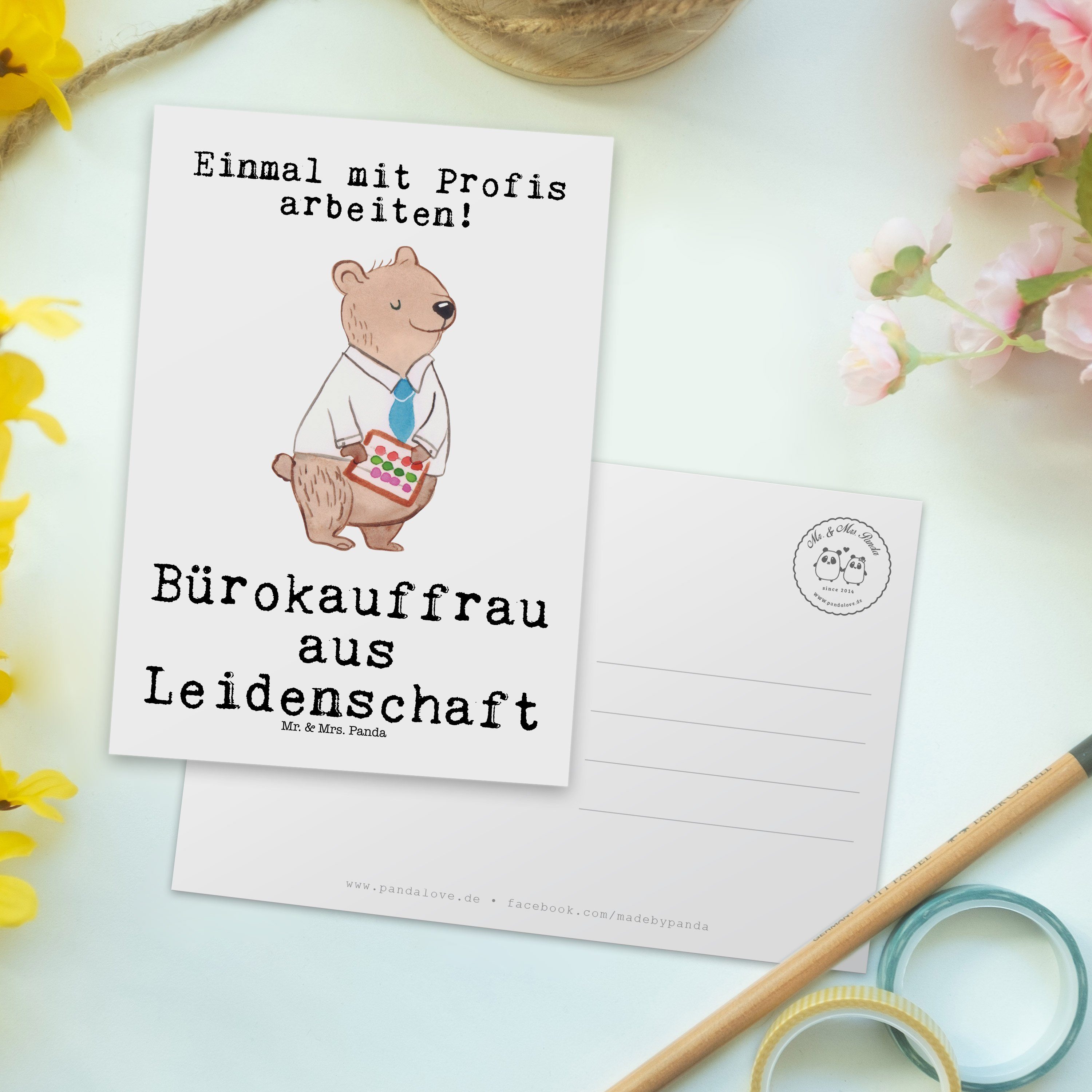 Postkarte Geschenk, Mr. Leidenschaft Bürokauffrau & - Weiß Geschenk aus Mrs. Panda - Homeoffice,