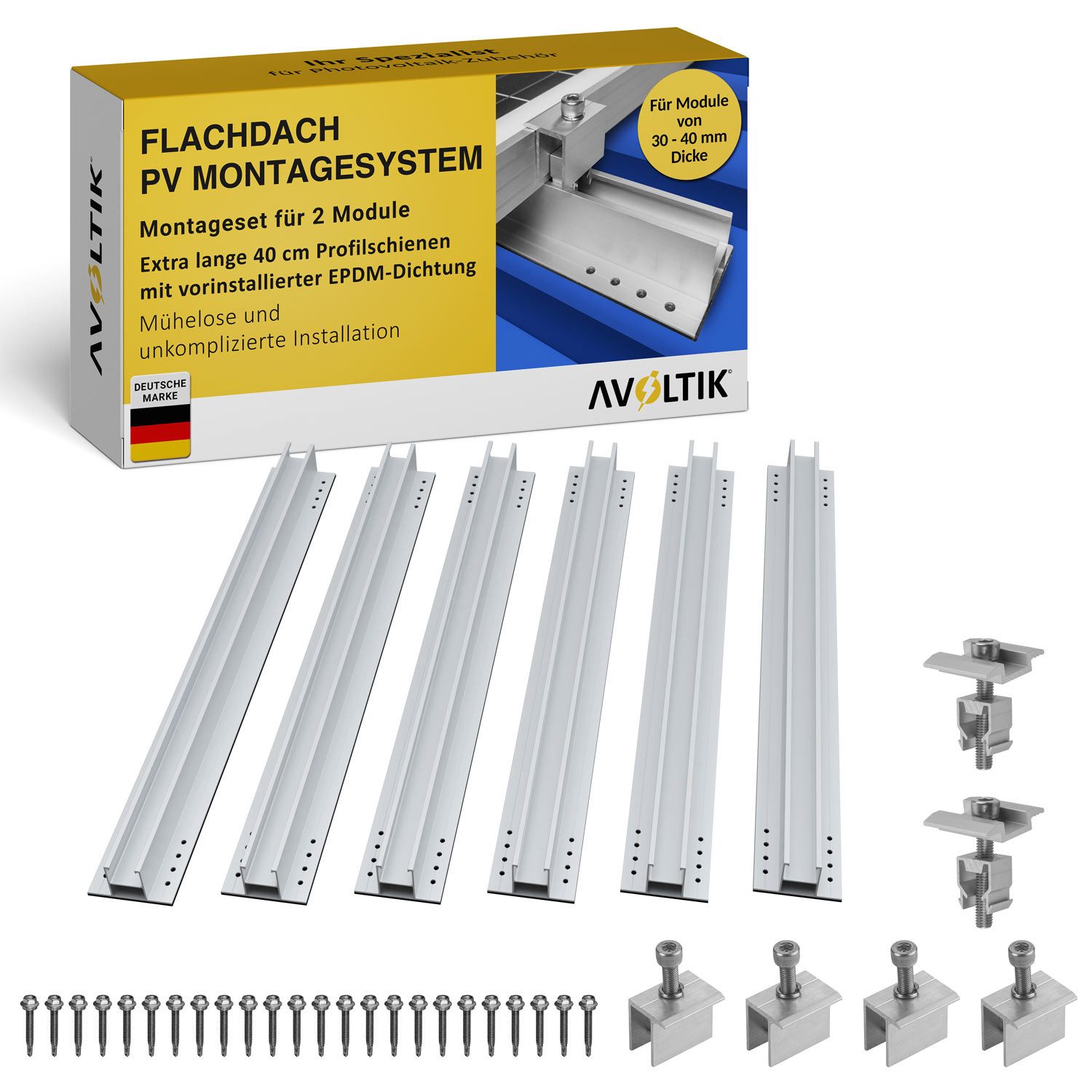 avoltik Solarmodul-Halterung Solar Halterung Montageset Schiene 400mm Flachach für 1-4 Solarmodule, (Solar Halterung Flachdach Montageset mit 400mm Montageschienen inkl. EPDM, Klemmen, Schrauben, Für 1, 2 oder 4 Solarmodule, Wählbar in der Anlagengröße)