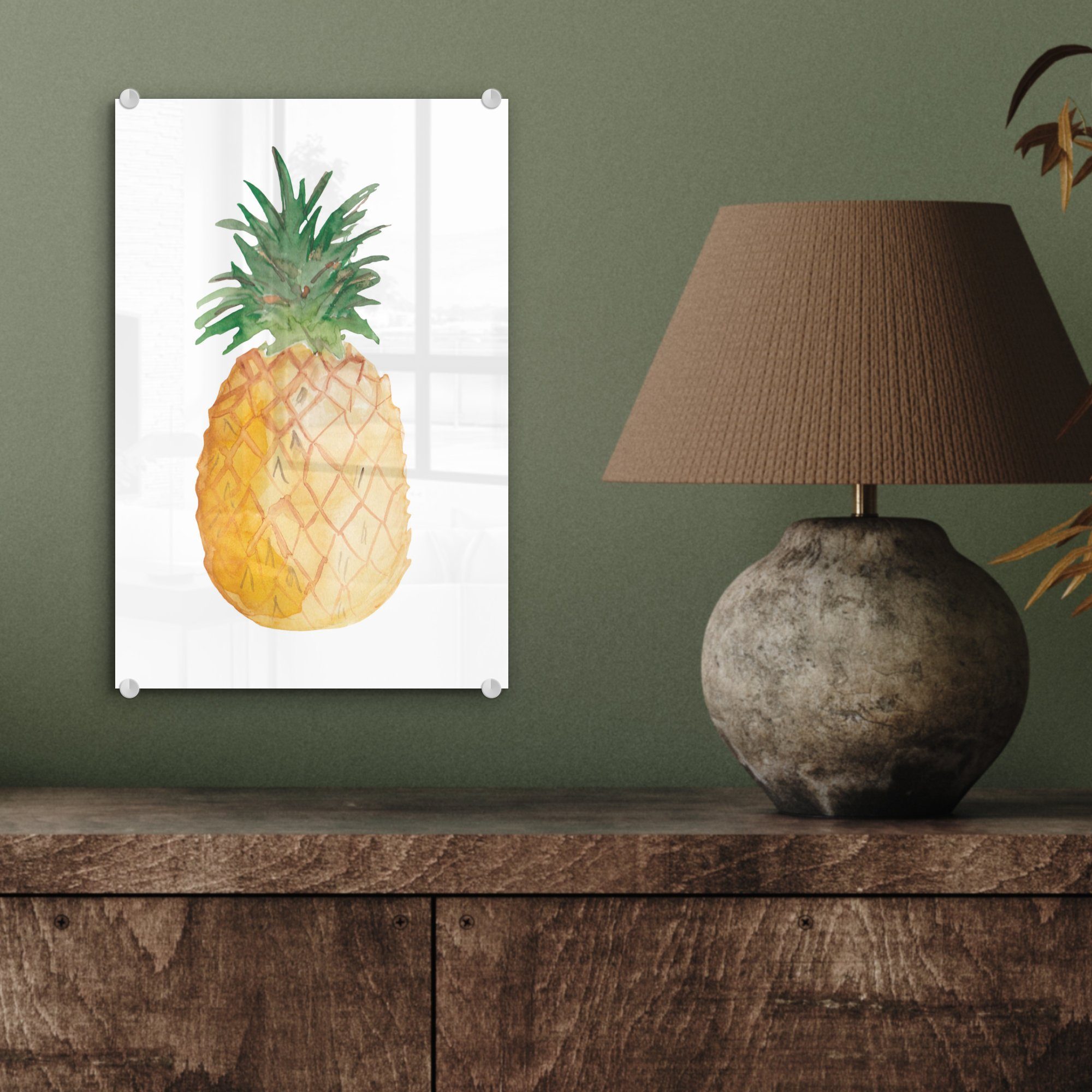 - Bilder - Acrylglasbild Aquarell Weiß, auf (1 - - Ananas Glas Wandbild St), MuchoWow - Foto auf Glasbilder Glas Wanddekoration