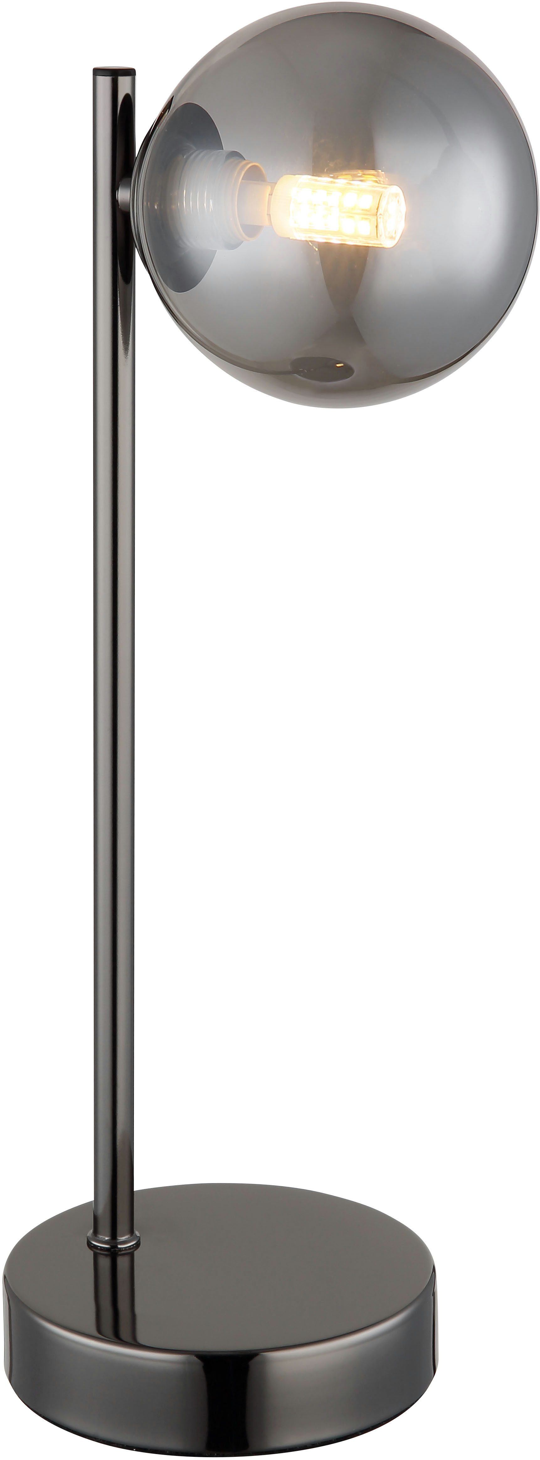 OTTO home Tischleuchte Aivven, Metall schwarz-chromfarben, rauchfarbenes Glas, ohne Leuchtmittel, Wippschalter am Kabel, 150 cm Kabellänge, 1x LED exkl., Ø 12cm