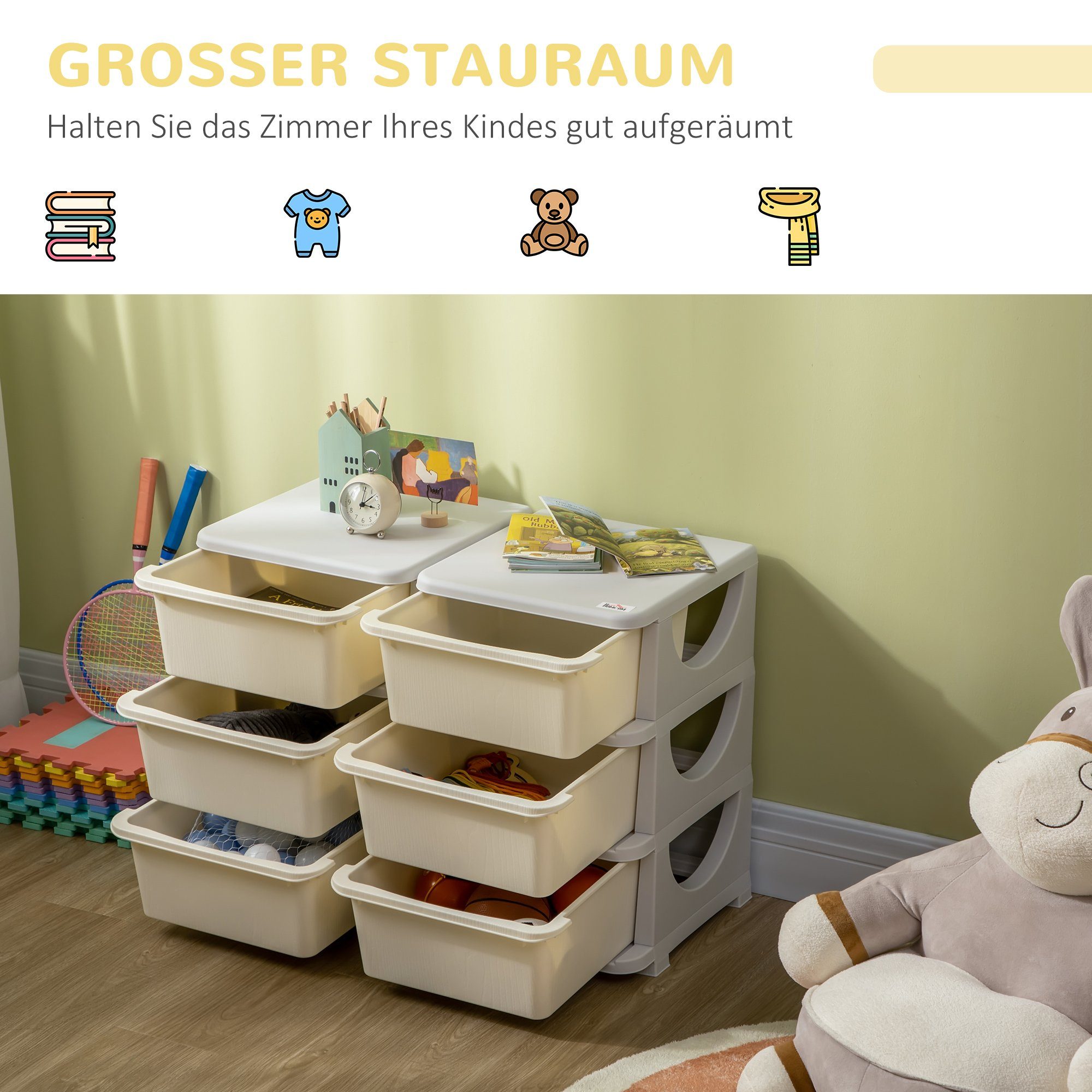 HOMCOM Spielzeugtruhe Schubladenschrank für Kinder, mit 6 Ebenen (Spielzeugkiste, 1 St., Aufbewahrungsbox), für Kinderzimmer, Cremeweiß