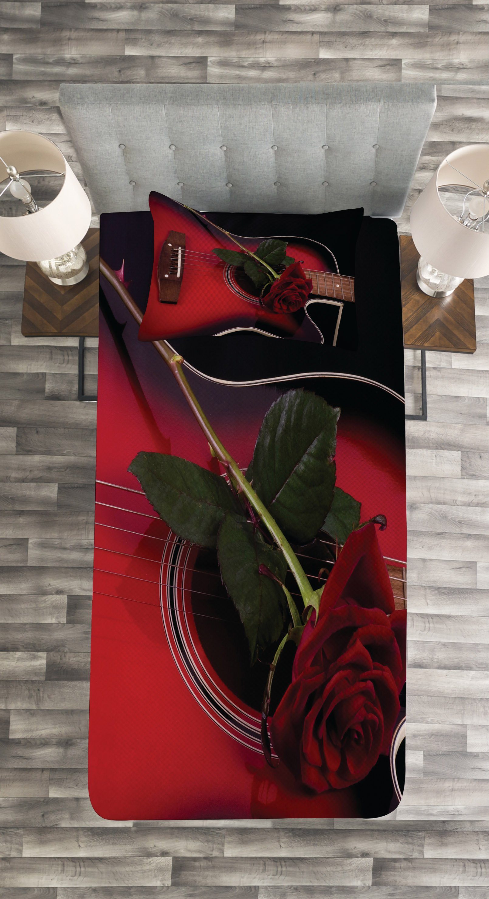 Kissenbezügen Waschbar, mit Liebe mit Gitarre Abakuhaus, Rose Spanisch Tagesdecke Set