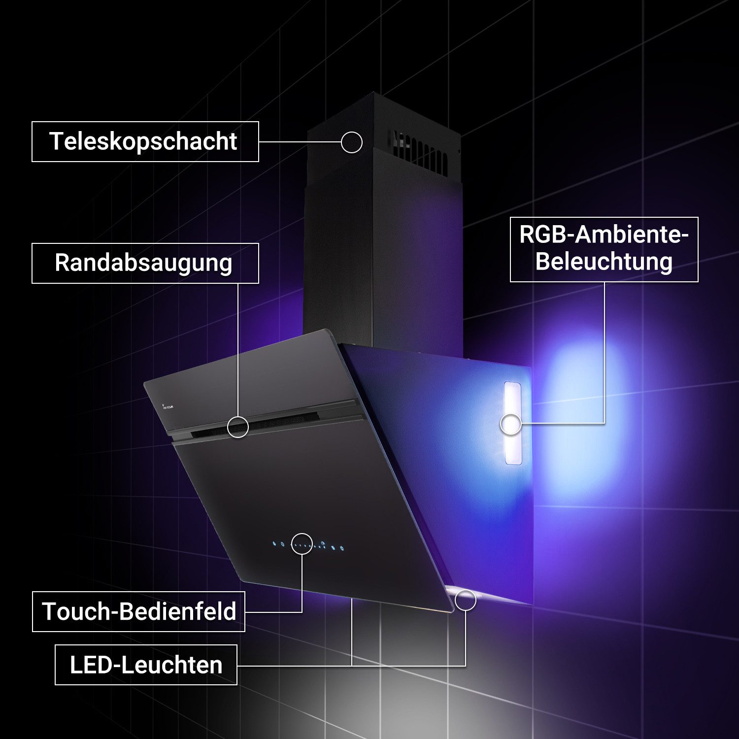 KKT KOLBE Wandhaube Dunstabzugshaube 60cm AURORA6005FB RGBW Ambientebeleuchtung Kopffreihaube / Umluft / Abluft / Smarte WiFi-App / Schwarz / Glas – Bild 5 von 5