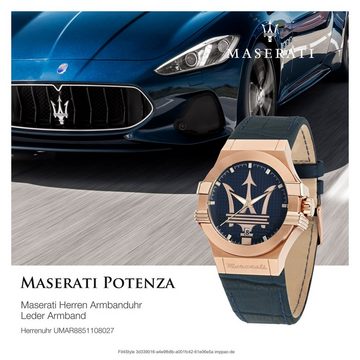 MASERATI Quarzuhr Maserati Herren Uhr Analog POTENZA, Herrenuhr rund, groß (ca. 40mm) Lederarmband, Made-In Italy