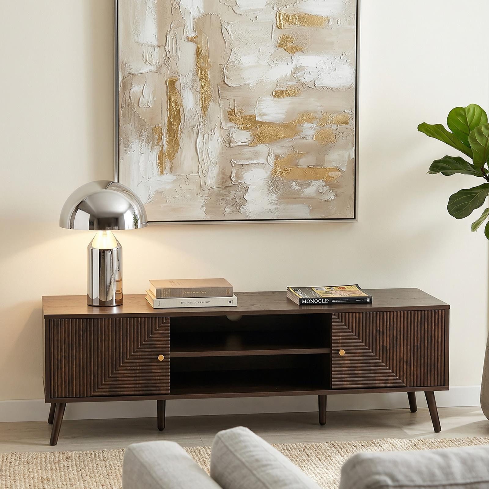 IDIMEX Lowboard LIVIA, TV Lowboard 140 cm mit strukturierter Lamellenfront Dunkelbraun