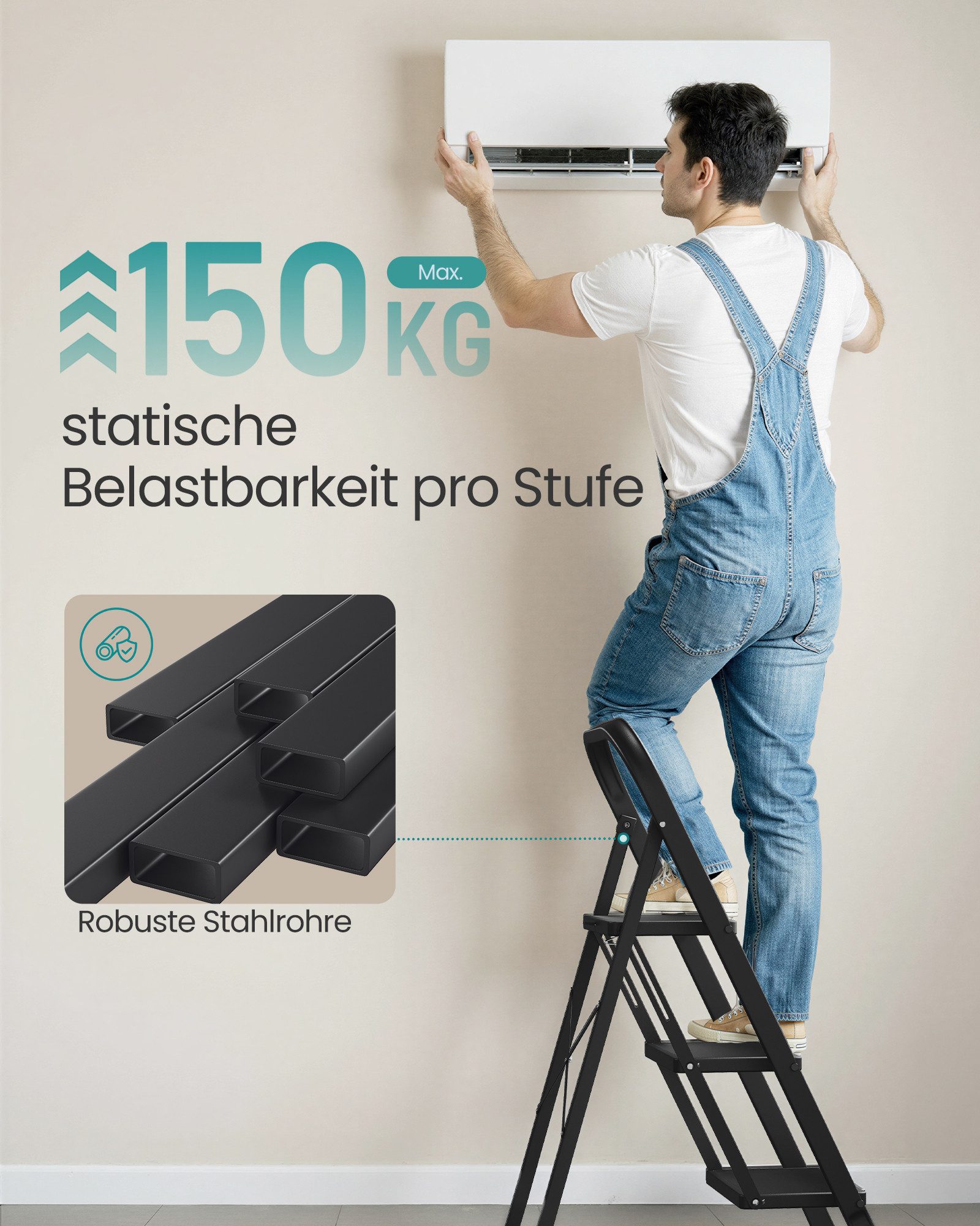 SONGMICS Trittleiter Leiter, Klappsicherung, einfach zu verstauen, bis 150 kg belastbar, mit 3 Stufen, Klapptritt, 74,5 x 46,5 x 105 cm (T x B x H)