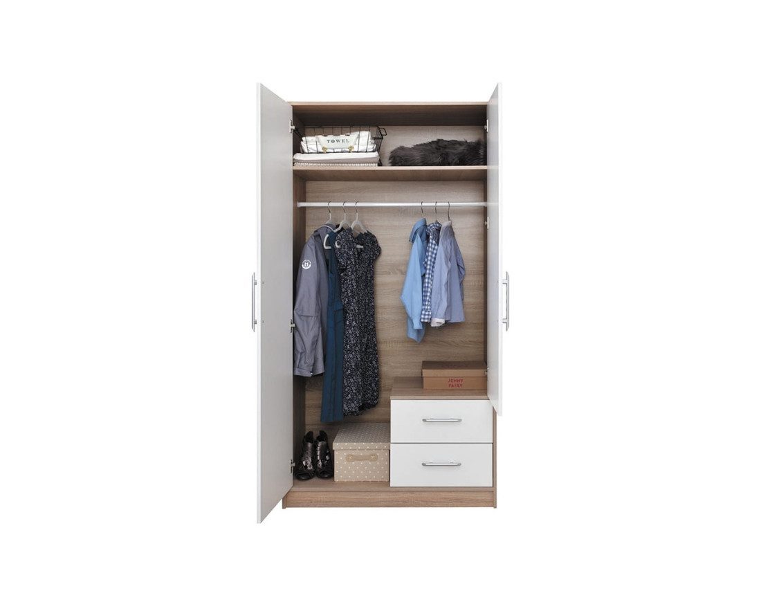 Deine Möbel 24 Kleiderschrank SAM SR3 2-türig mit Schubladen, Farbe: Cashmere, mit Aufsatz optional (Set, 2-St., 100 cm breit mit Stauraum) Drehtürenschrank 100 cm breit für Schlafzimmer Flur Garderobe