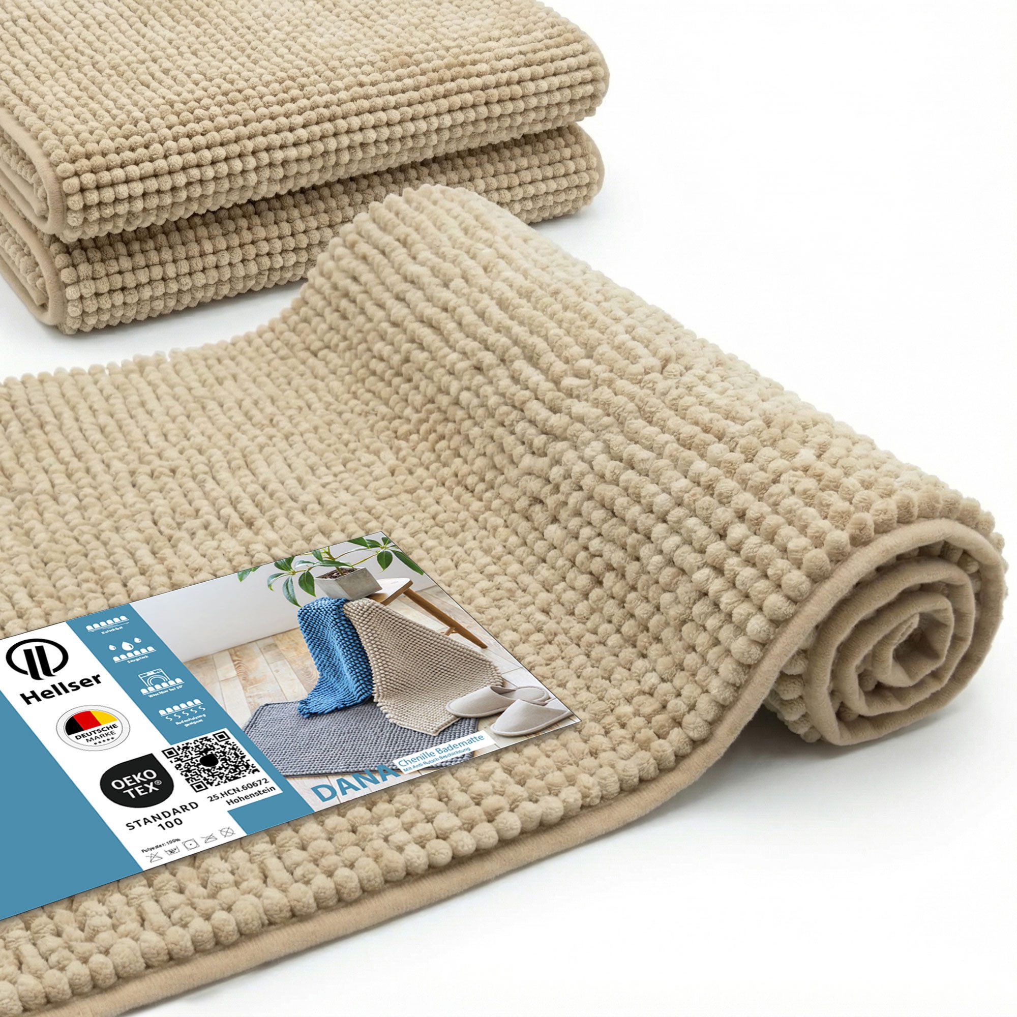 HELLSER Badematte DANA - Badezimmerteppich rutschfest & waschbar - Chenille, rutschhemmend beschichtet, fußbodenheizungsgeeignet, schnell trocknend, Polyester, - Weiche Chenille Badematte Kurzflor, OEKO-Tex-zertifiziert
