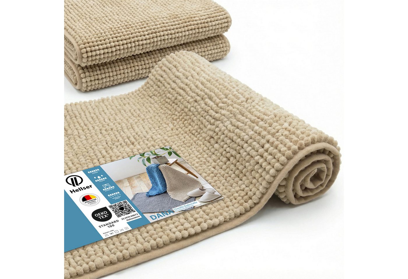 HELLSER Badematte DANA - Badezimmerteppich rutschfest & waschbar - Chenille, rutschhemmend beschichtet, fußbodenheizungsgeeignet, schnell trocknend, Polyester, - Weiche Chenille Badematte Kurzflor, OEKO-Tex-zertifiziert