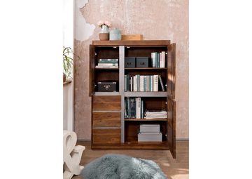 Massivmoebel24 Highboard SYDNEY (Modernes Highboard für viel Stauraum, mit Türen und Schubladen, inklusive metallischer Zierleiste, in braun lackiert 102x40x147 Sheesham montiert)