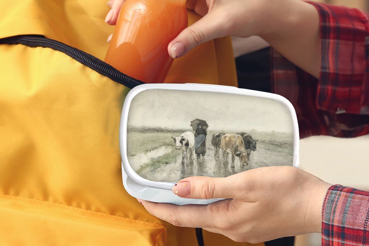 einer Regen im und für Kunststoff, (2-tlg), Kühen auf Jungs weiß Bäuerin Mädchen MuchoWow - Eine Landstraße Brotbox Gemälde für Lunchbox Brotdose, und Erwachsene, Kinder mit von,