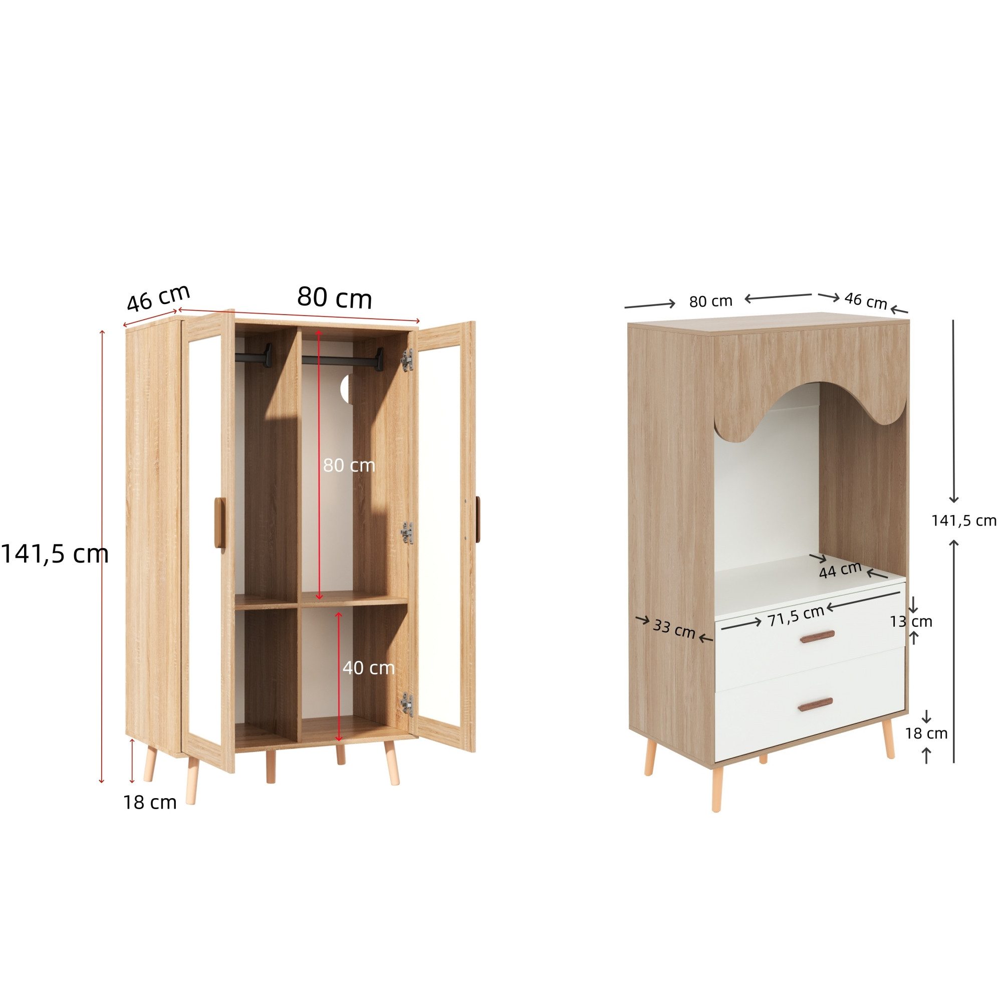 Flieks Kleiderschrank Schrank-Set mit Kleiderstange und Schubladen 160x46x141.5cm