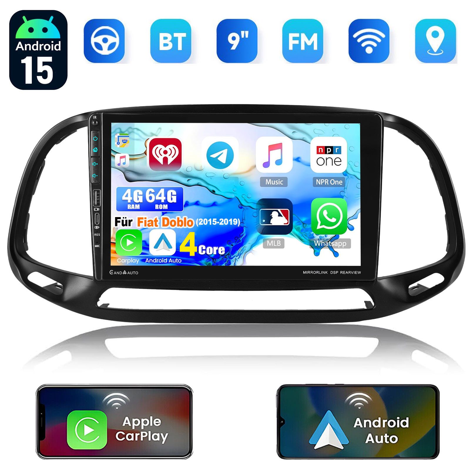 ESSGOO Autoradio Android 15 CarPlay Für Fiat Doblo (2015-2019) mit USB Type-C Autoradio (Digitalradio (DAB), DAB (optional), 4+64GB(optional), RDS, AM, FM, USB Type-C, Carplay Android Auto Bluetooth EQ USB GPS Navi WIFI Touchscreen)