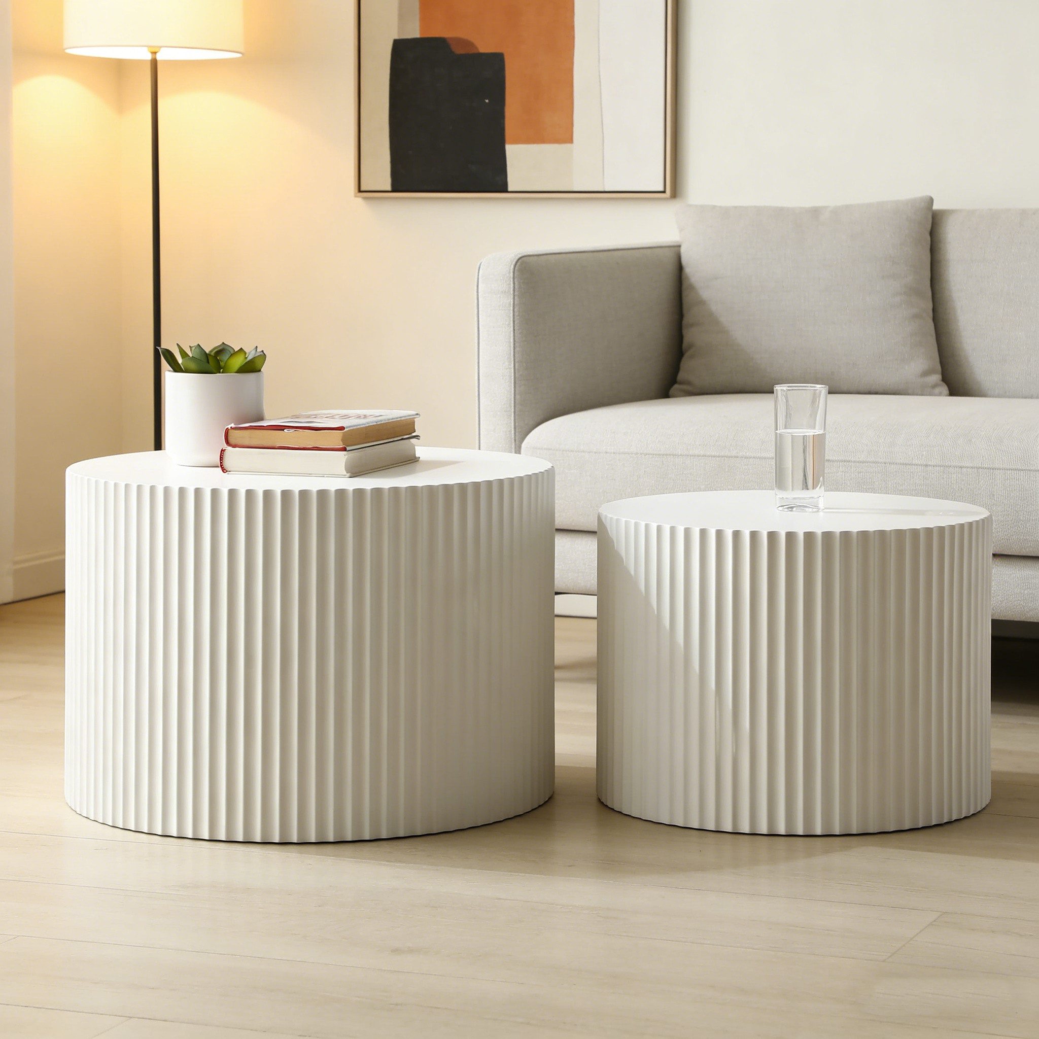 TWSOUL Couchtisch Set 2-teilig, runde Couchtische mit Fluted-Design, modern, weiß, für Wohnzimmer, Büro & Schlafzimmer