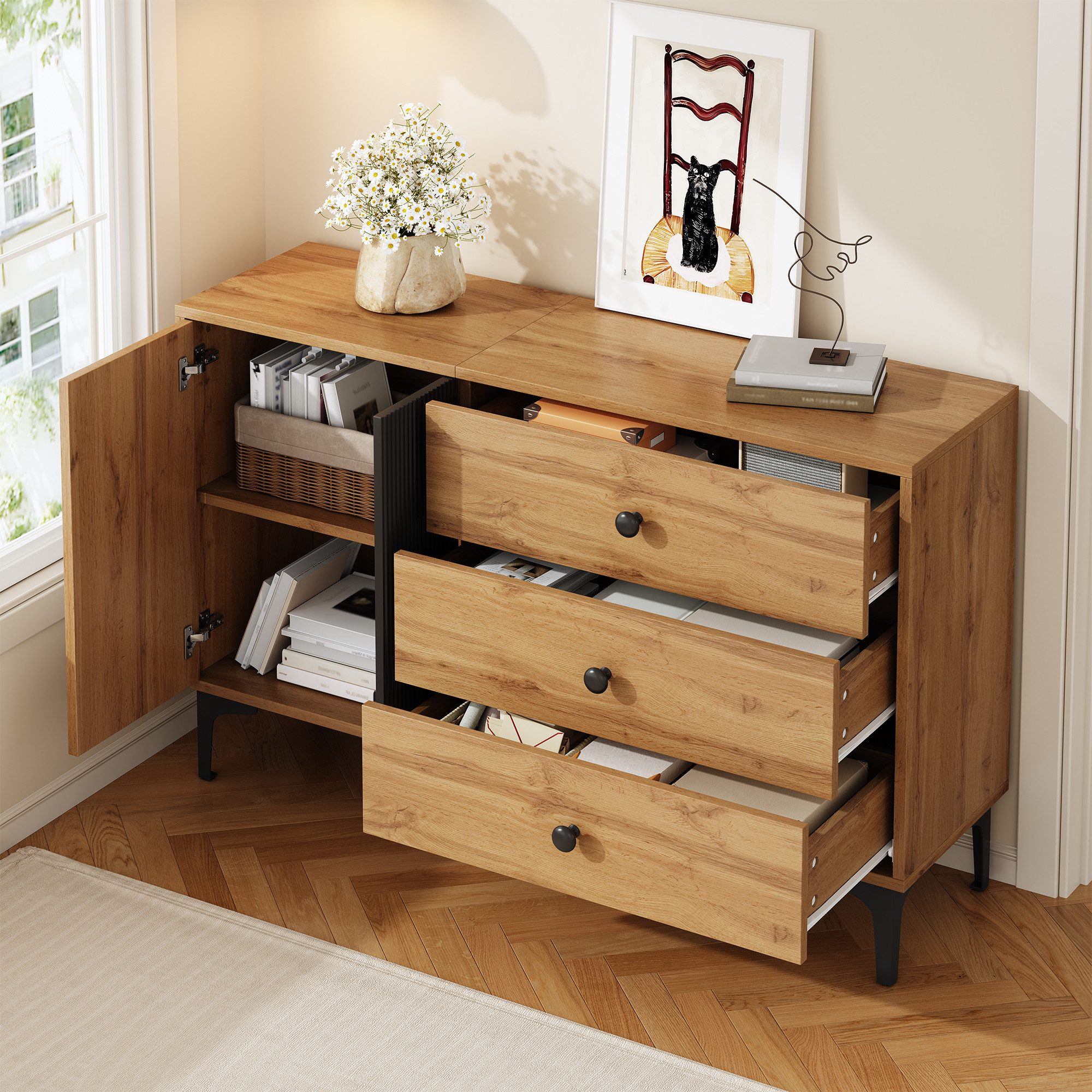 Merax Sideboard in Holzoptik mit schwarzen Streifen (1 St), Schrank Kommode günstig online kaufen