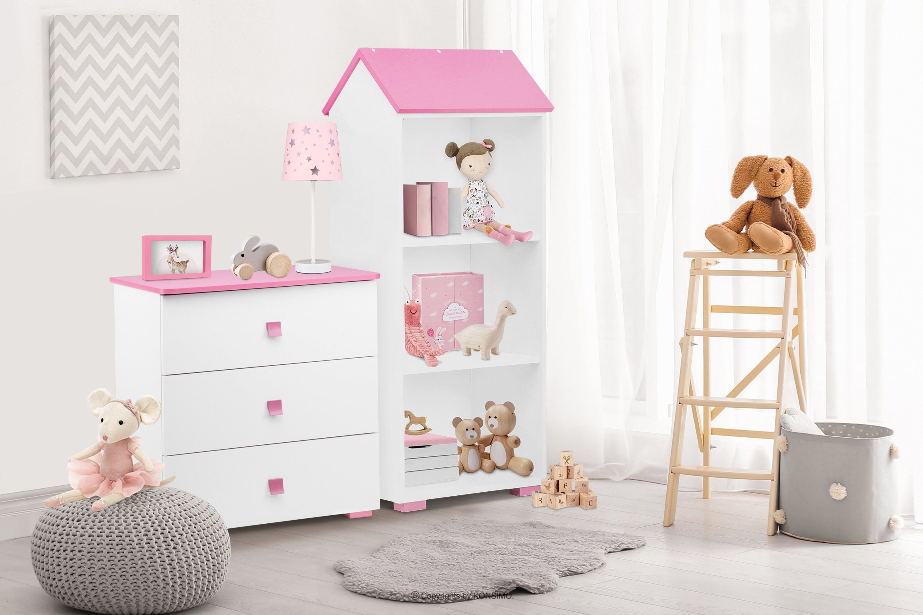 Konsimo Kommode Wickelkommode für Kommode Kinder, Kinder, weiß/rosa und funktionell geräumig PABIS Pastellfarben, für in