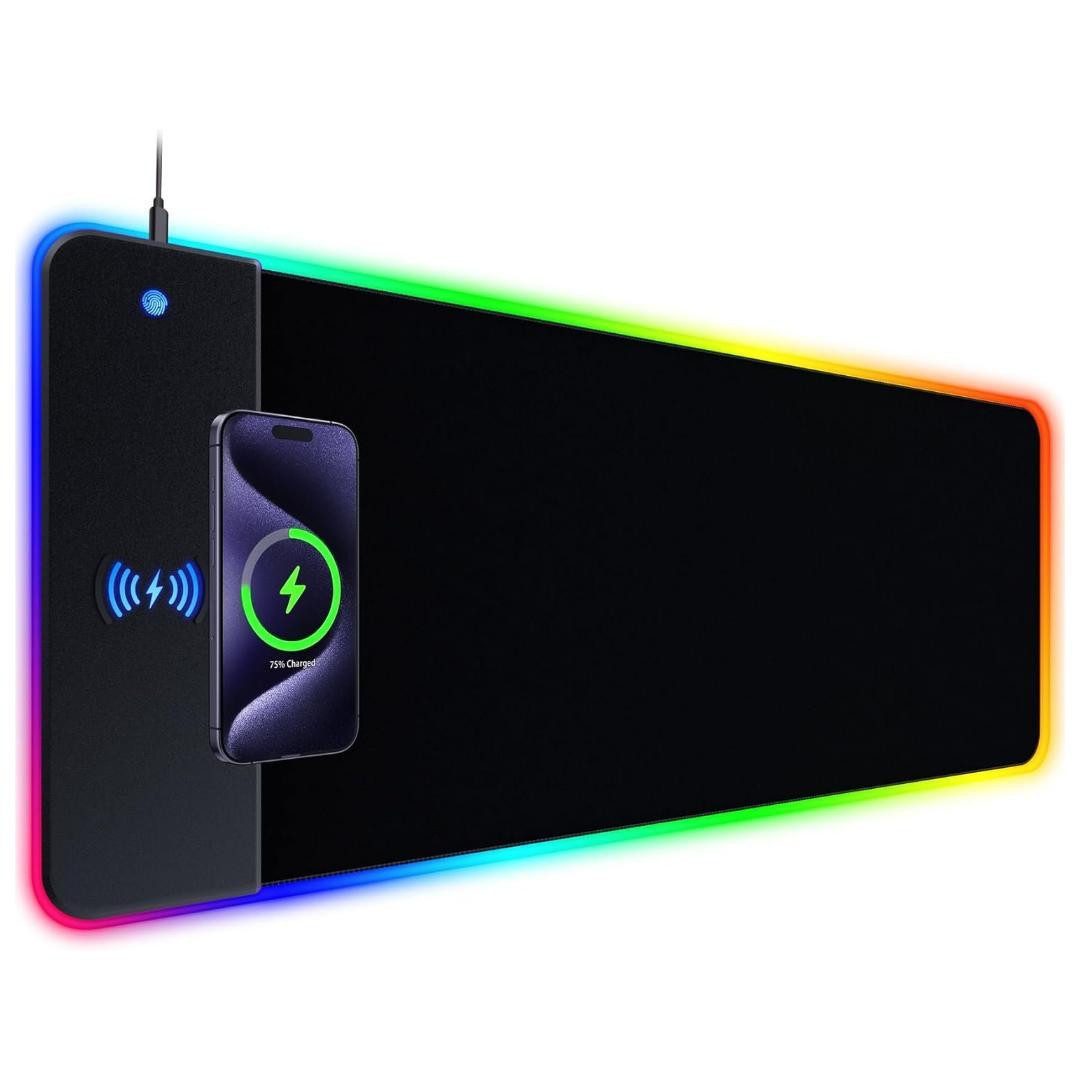 Forrlite Mauspad Gaming Mauspad RGB Mousepad Induktive Ladestationen (800 x 300 mm, 10 W kabelloses Laden, 14 RGB-Beleuchtungsmodi), abwaschbar, rutschfeste Rückseite, Geschwindigkeit & Präzision