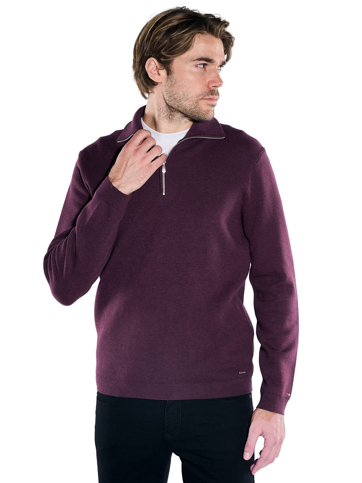 emilio adani Stehkragenpullover Herren Strickpullover mit Troyer-Kragen, Bordeaux