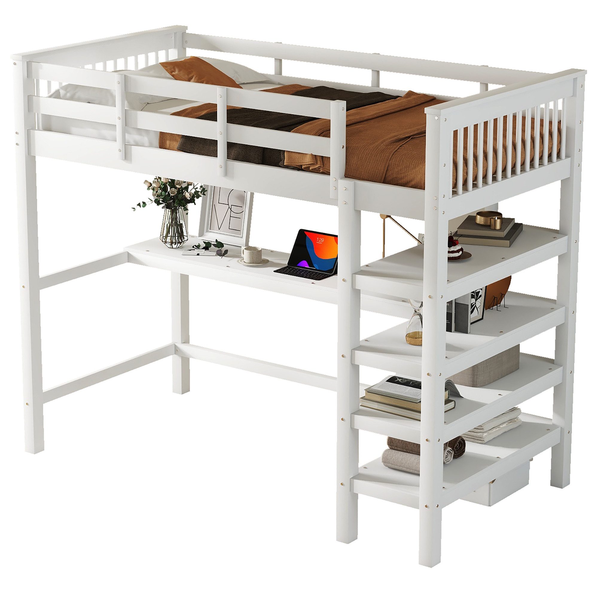 Ulife Hochbett Kinderbett Kiefernholzbett mit Ablagefächern günstig online kaufen
