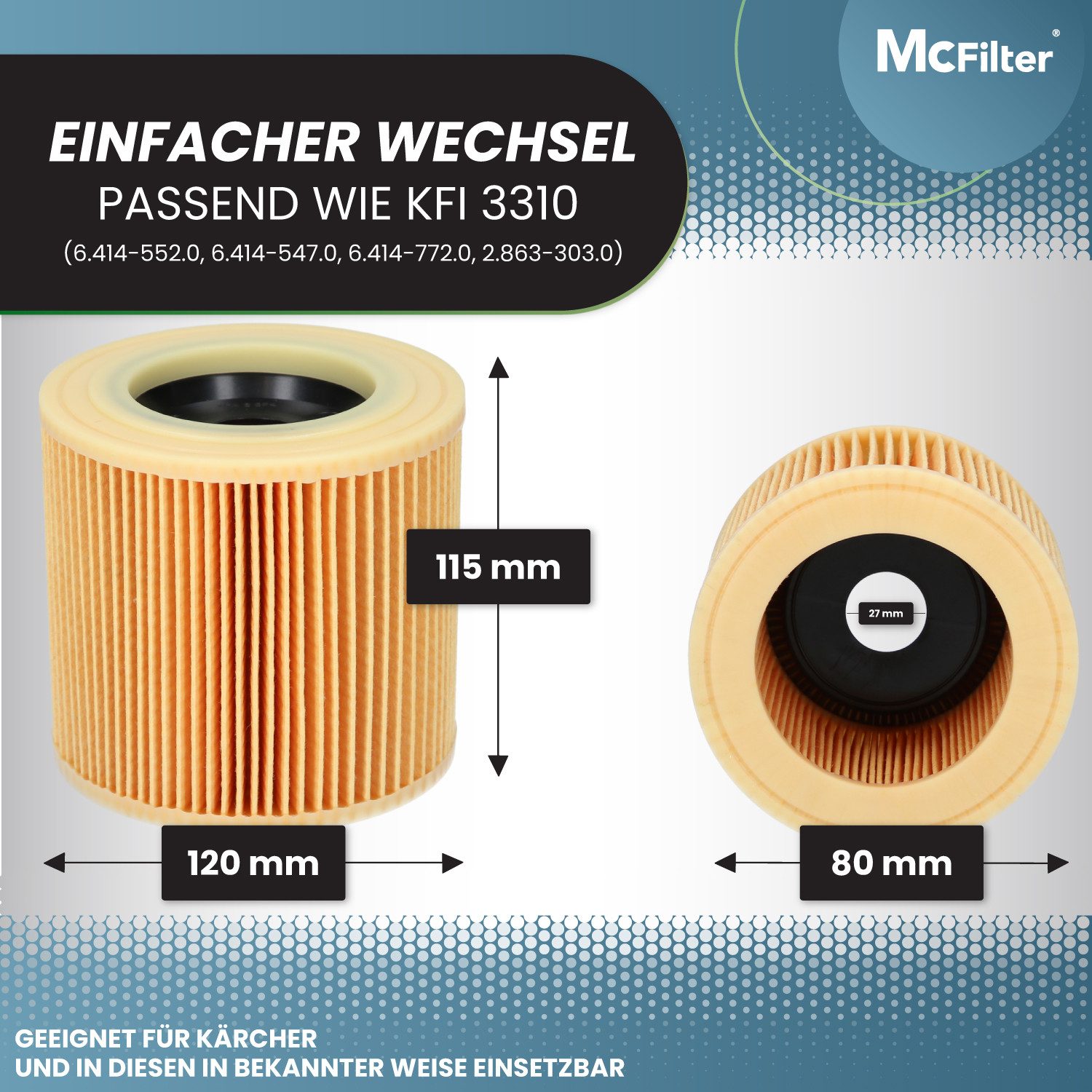 McFilter Patronenfilter (2 Filter) Lamellenfilter geeignet für Kärcher, für Kärcher Nass-Trockensauger MV2 WD2 A2003 A2004 WD2.200 WD2.210 WD2.240 WD2.250 und weitere Modelle, wie Kärcher Filter 6.414-552.0, 6.414-772.0, 6.414-547.0, (2-St., Filter + Verschlussschraube), wie Kärcher Filter 6.414-552.0, 6.414-772.0, 6.414-547.0