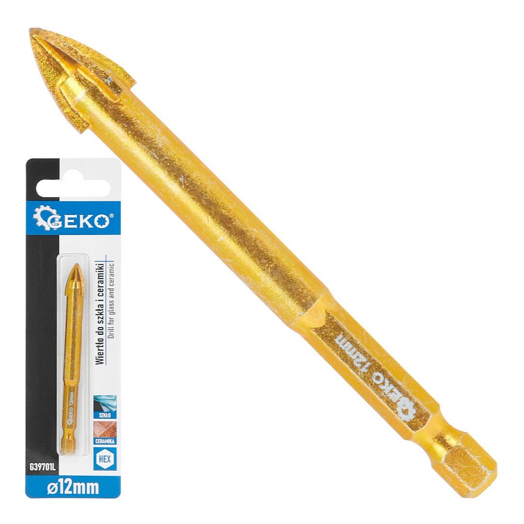 GEKO Glasbohrer TiN Glasbohrer Fliesenbohrer Keramikbohrer 4-Schneiden Ø3-12 mm, TiN-Beschichtung, 4 HM-Schneiden, 1/4" Sechskantschaft