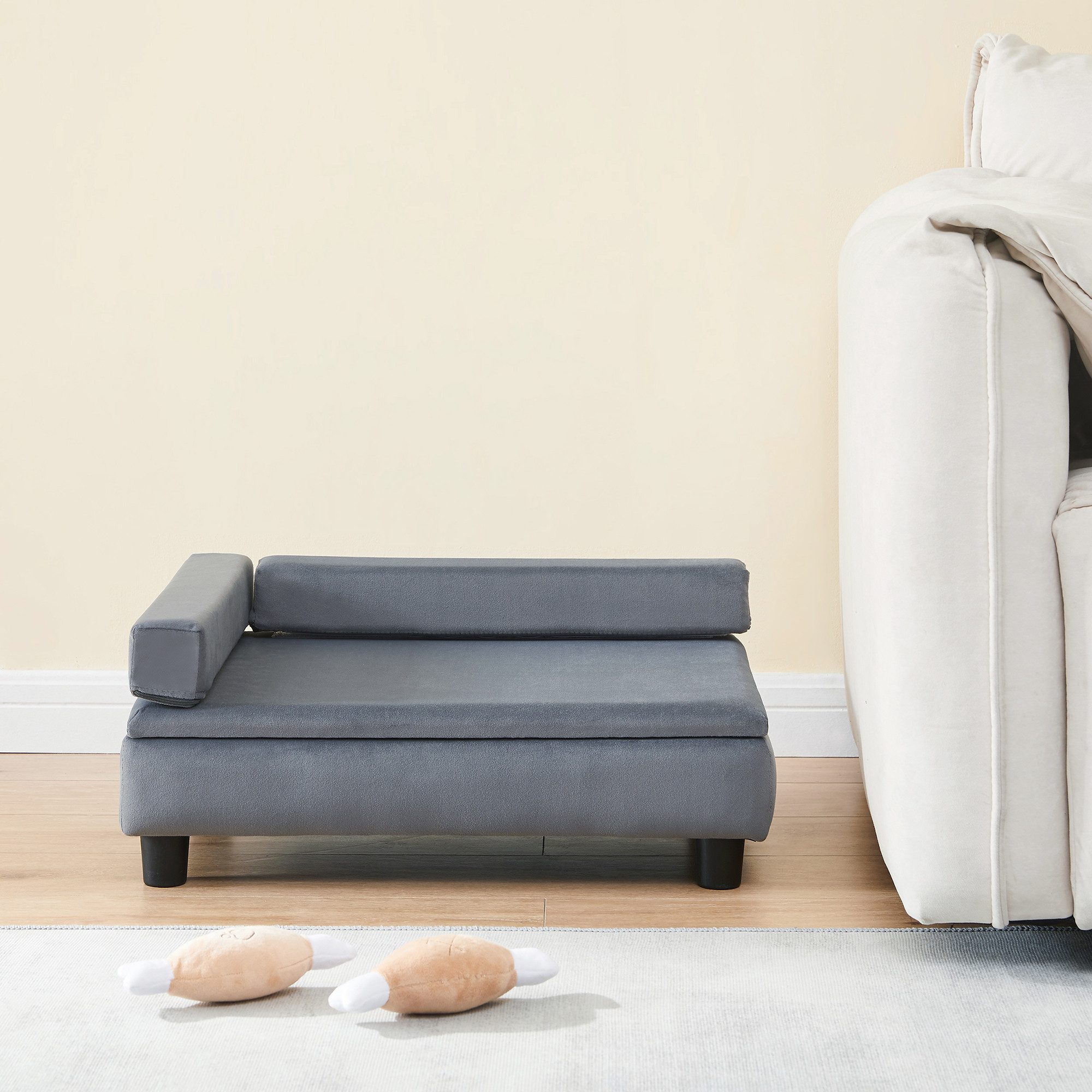 en.casa Tiersofa, Samt (100% Polyester), »Salkonssad« Haustierbett mit Staufach 60 x 45 x 24 cm Samt Grau