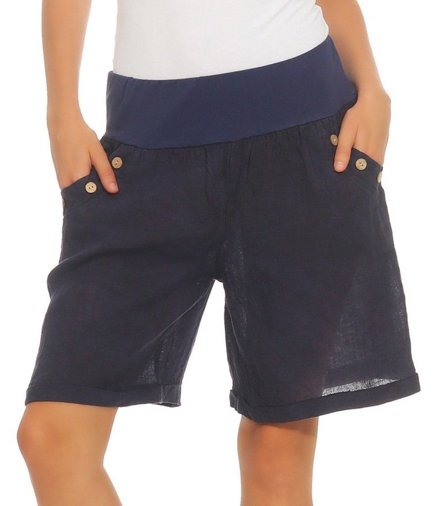 Leinenhose Damen Dunkelblau Leinenshorts % Leinen mit 100 280 Hose Unifarbe Bermuda elastischem Shorts in kurze Mississhop Bund,
