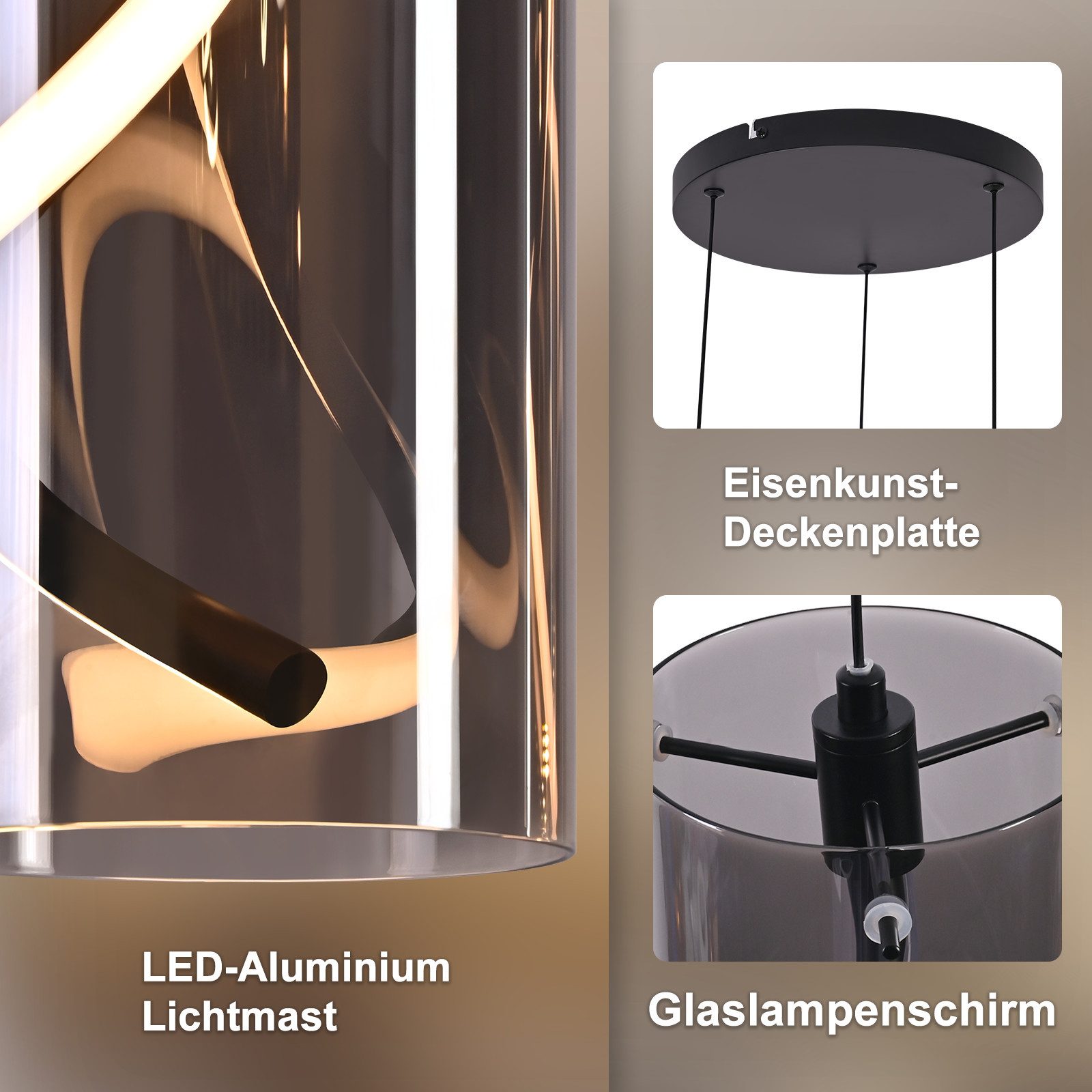 ZMH LED Pendelleuchte Esstisch Hängelampe Modern 3000K Hängeleuchte Glas 1/3 Flammig, LED fest integriert, Warmweiß, 8W Schwarz Pendellampe für Wohnzimmer Esszi – Bild 4 von 5