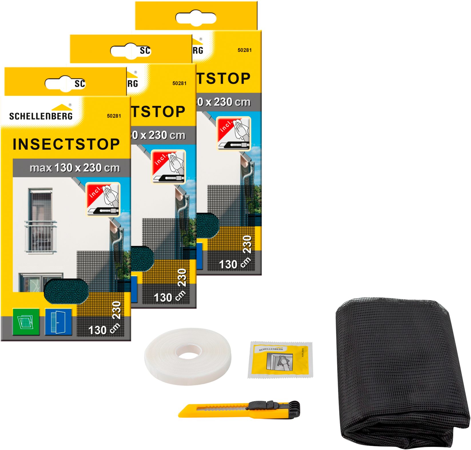 SCHELLENBERG Fliegengitter-Gewebe für bodentiefe Fenster und Türen, (Set, 3-St), Insektenschutz ohne bohren, 130 x 230 cm, weiß und anthrazit