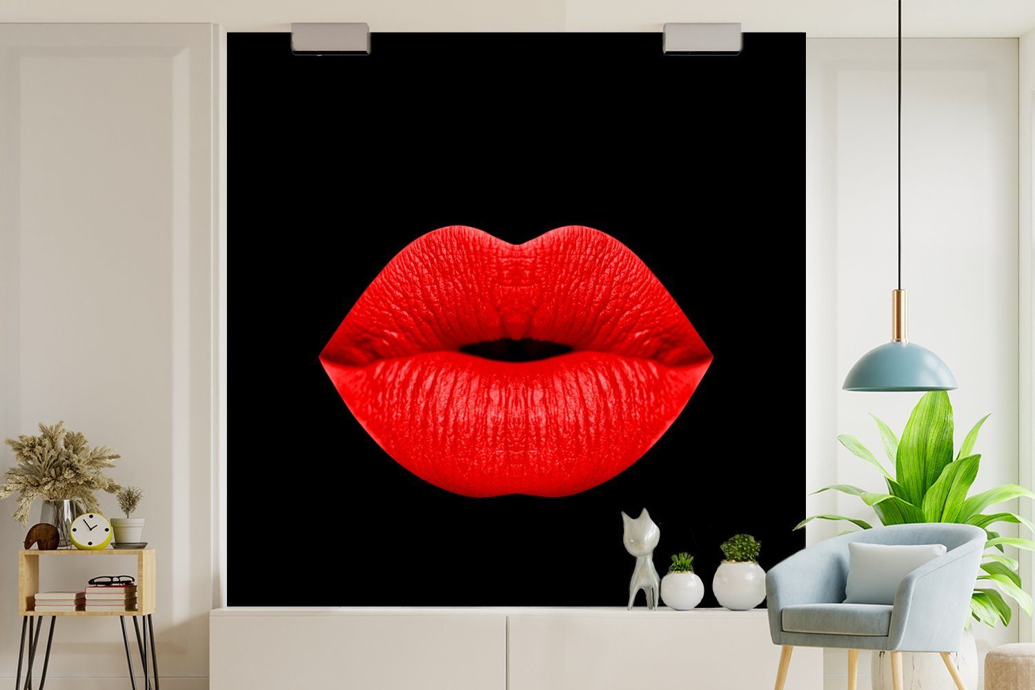 Schwarz, - Lippen Rot Tapete Wohnzimmer - (5 Fototapete St), für Wandtapete oder Schlafzimmer, MuchoWow Vinyl Matt, bedruckt,