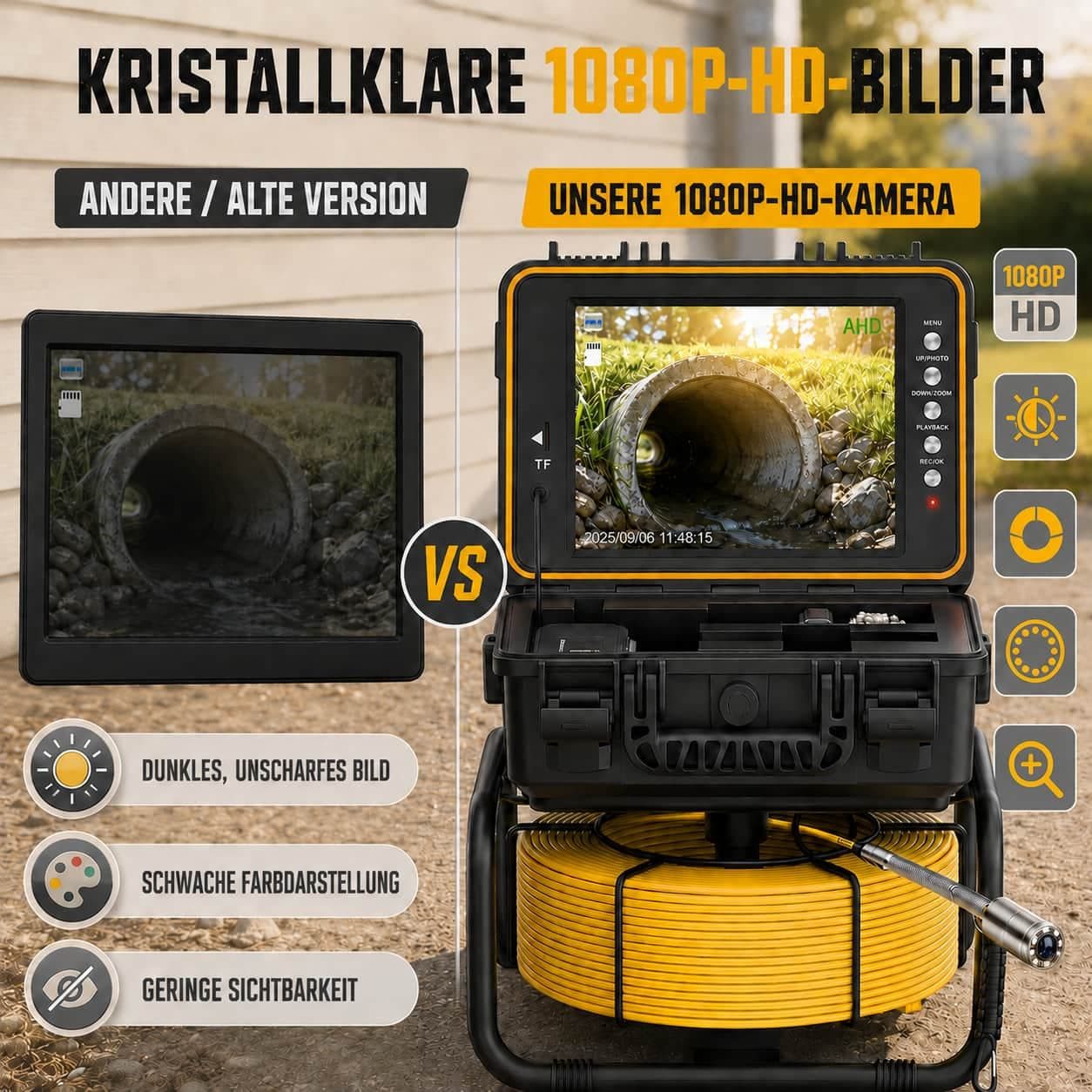 ANYSUN L09D1 Rohrkamera 30M mit Sender, Selbstnivellierung und Meterzähler Inspektionskamera (Kanalkamera mit 23mm Wasserdichter, 9" IPS Bildschirm, 1080P DVR, 5mm Kabel, 5100mAh Akku)