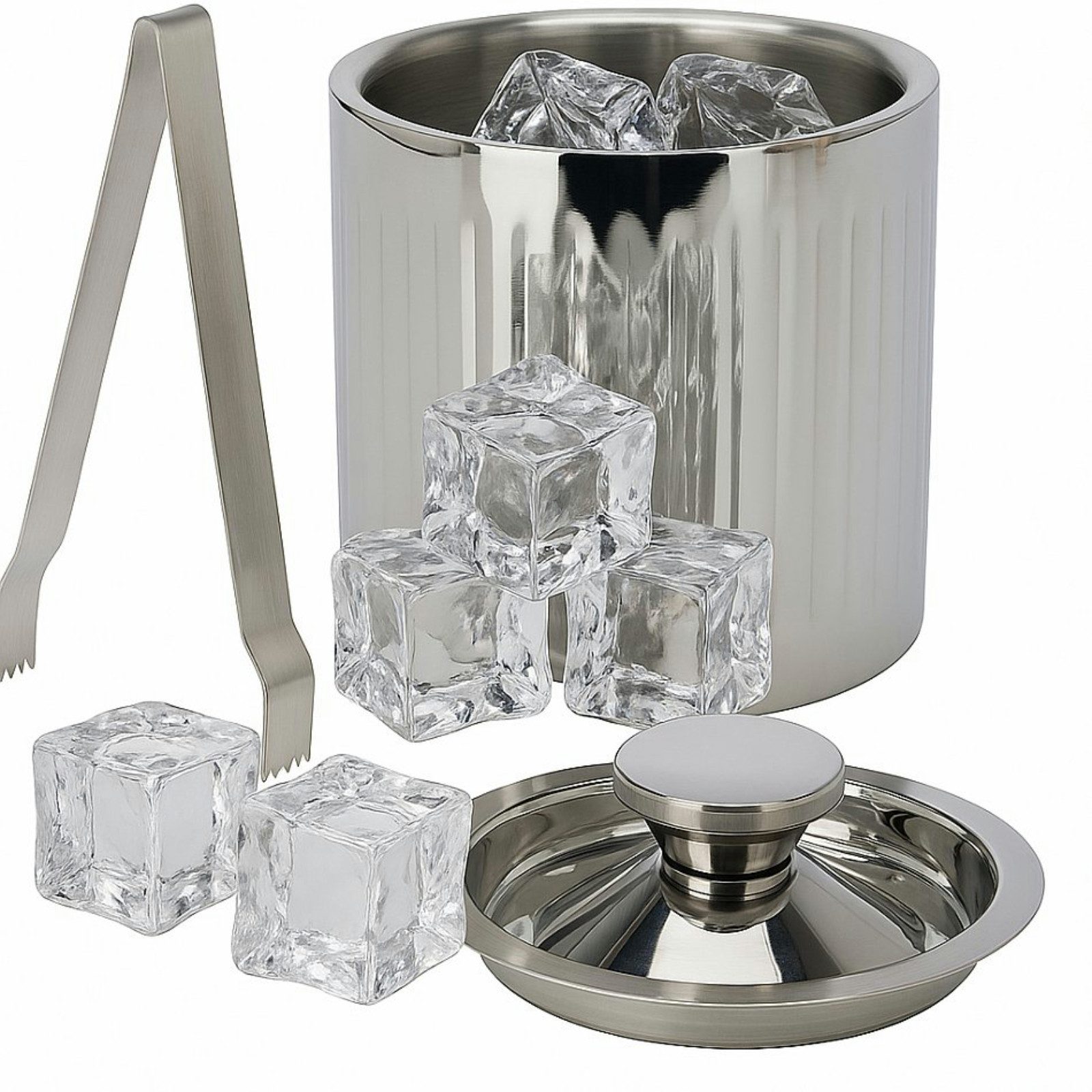 Koopman Eiseimer Eisbehälter Geriffelt Deckel + Zange Edelstahl, 1500 ml, Doppelwandig, Deckel, Isoliert, geriffelt