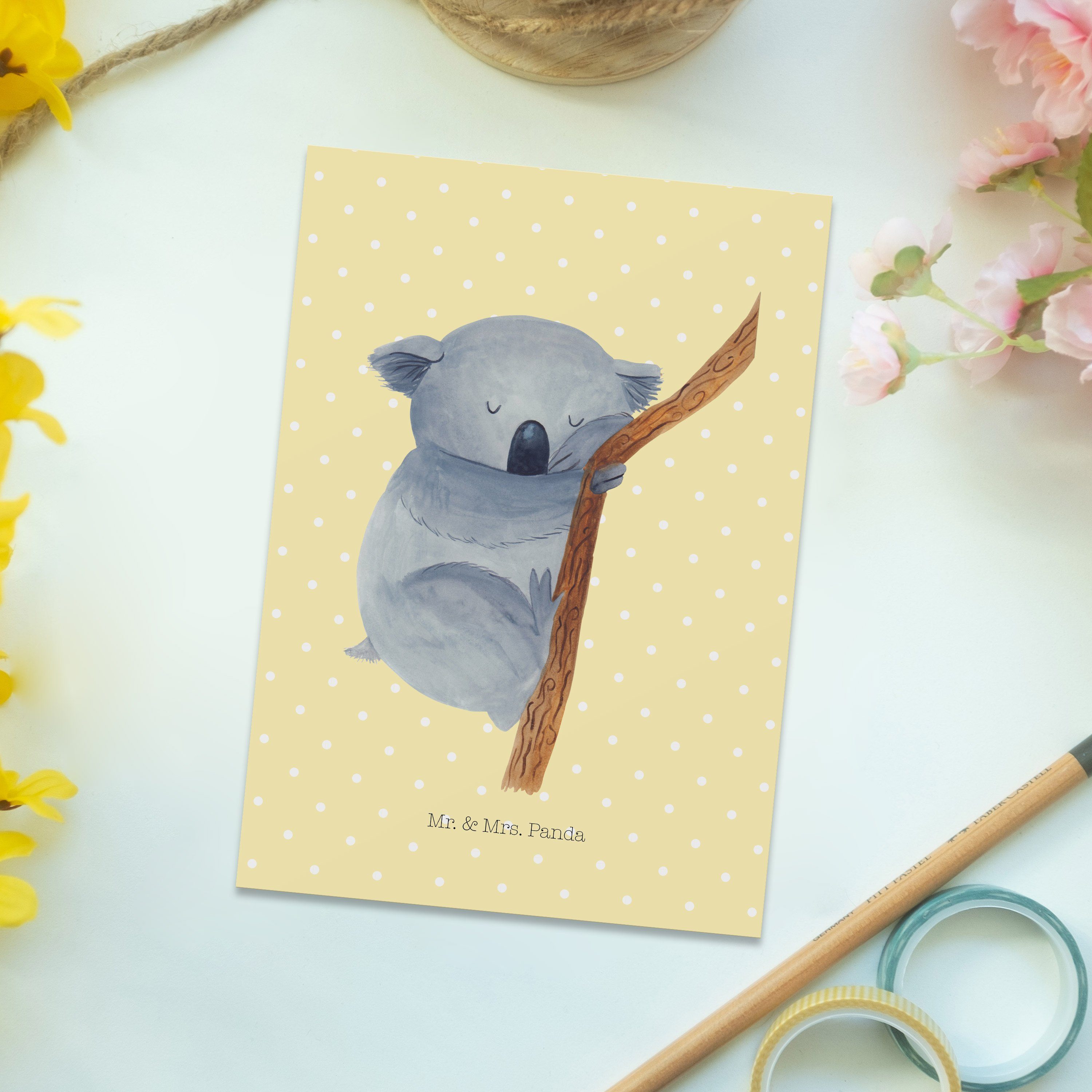 schlafen, - & Mrs. Mr. Pastell Koalabär Postkarte Karte, Traum, Panda Geschenk, - Gelb Ansichtsk