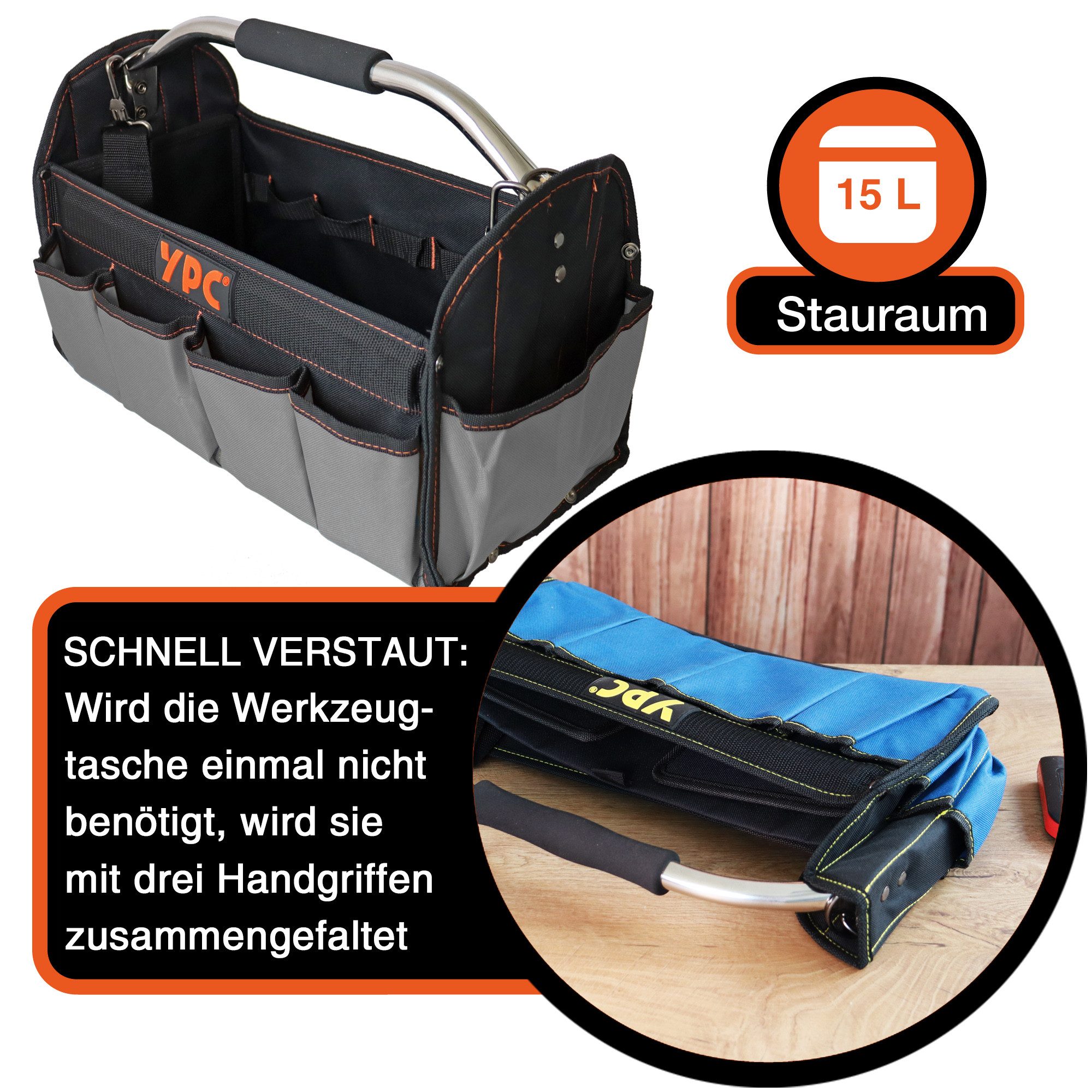 YPC Werkzeugtasche "Carrier" Werkzeugkorb XL, 40,5x30x19,5cm, 20 kg Tragkraft, praktisch, stabil, hohe Tragkraft, reißfest, modern, Metall-Handgriff