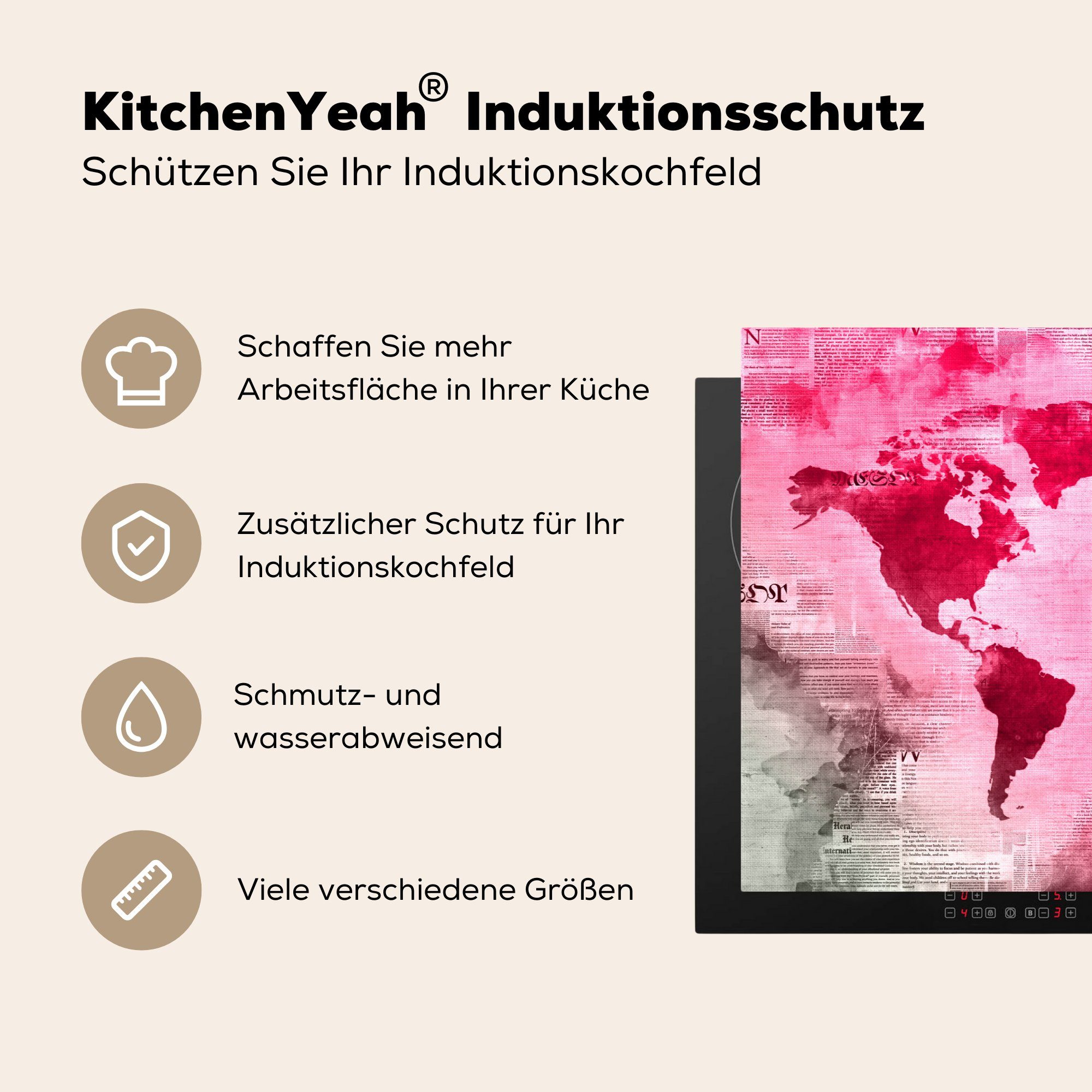 MuchoWow Herdblende-/Abdeckplatte Weltkarte Rot für Ceranfeldabdeckung - küche, Induktionskochfeld - tlg), Schutz die 81x52 (1 cm, Zeitung, Vinyl