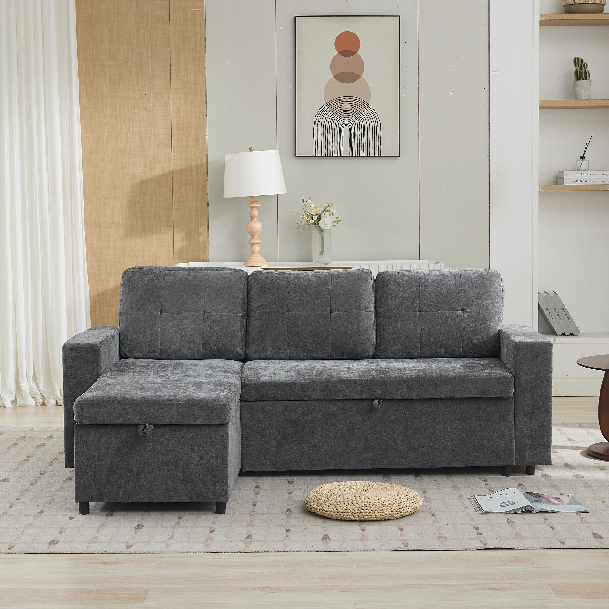 Merax Ecksofa L-förmiges Sofa, Chenille Dreisitzer Couch, links/rechts montierbar, 202 x 136 x 85 cm 1 Teile, Schlafsofa Sofa mit Armlehnenregale, Staufächern & Stauraum