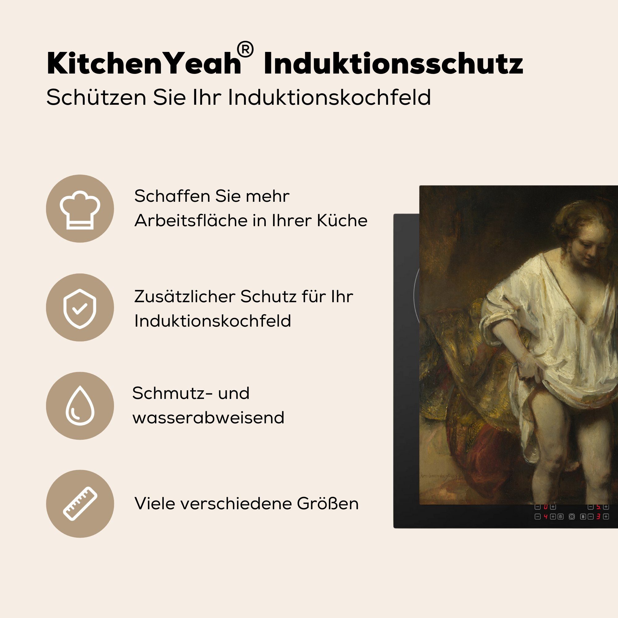 Badende tlg), 78x78 Frau Ceranfeldabdeckung, Rijn, Vinyl, Gemälde (1 Herdblende-/Abdeckplatte van für Rembrandt Arbeitsplatte küche MuchoWow - von cm,