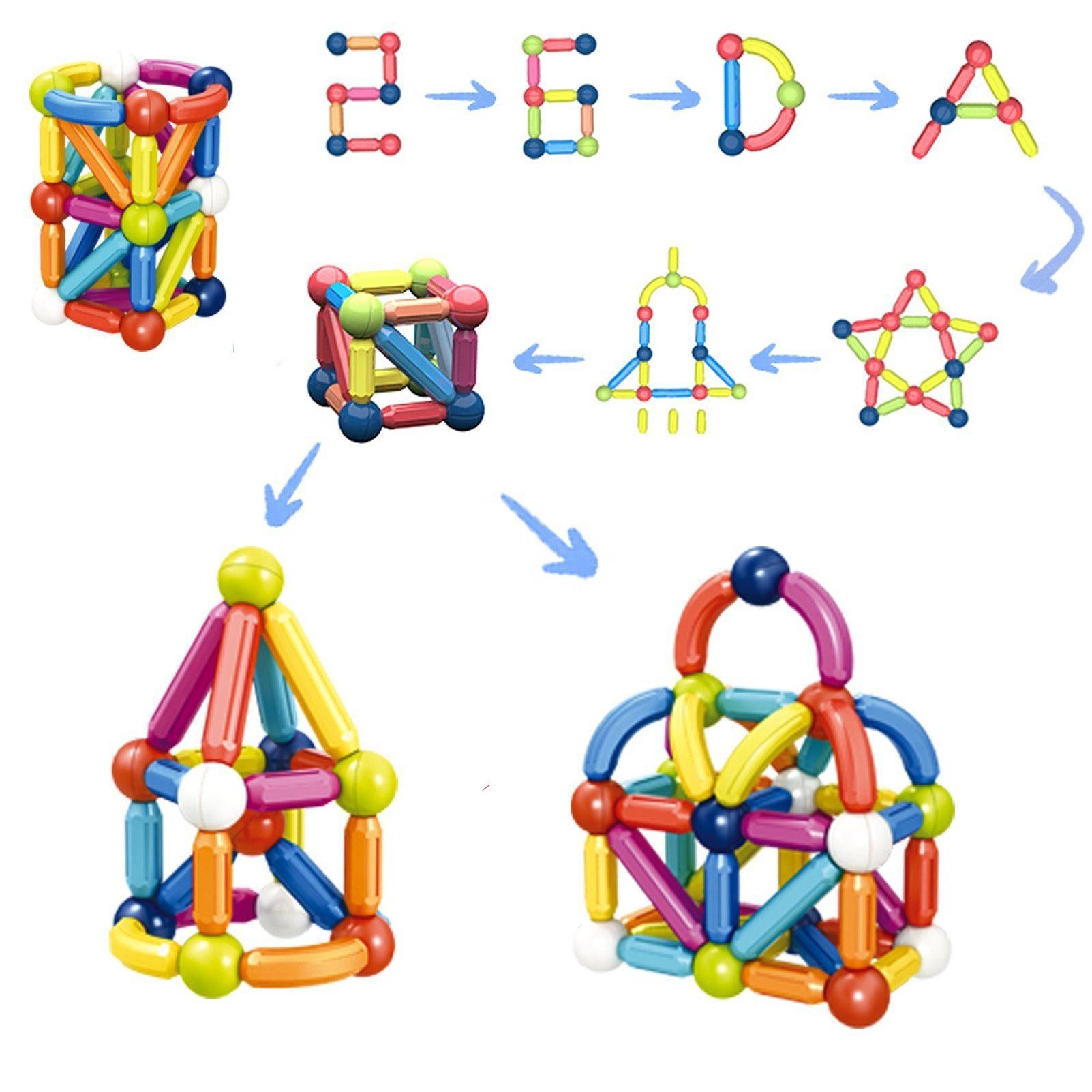 Esun Magnetische Bausteine Montessori Spielzeug ab 3 4 5 6 7 8Jahre Jungen Magnetspielbausteine, (Packung, 56 St., Komplettset), Magnetspielzeug Kinder Magnetic Building Blocks(56 Stück)