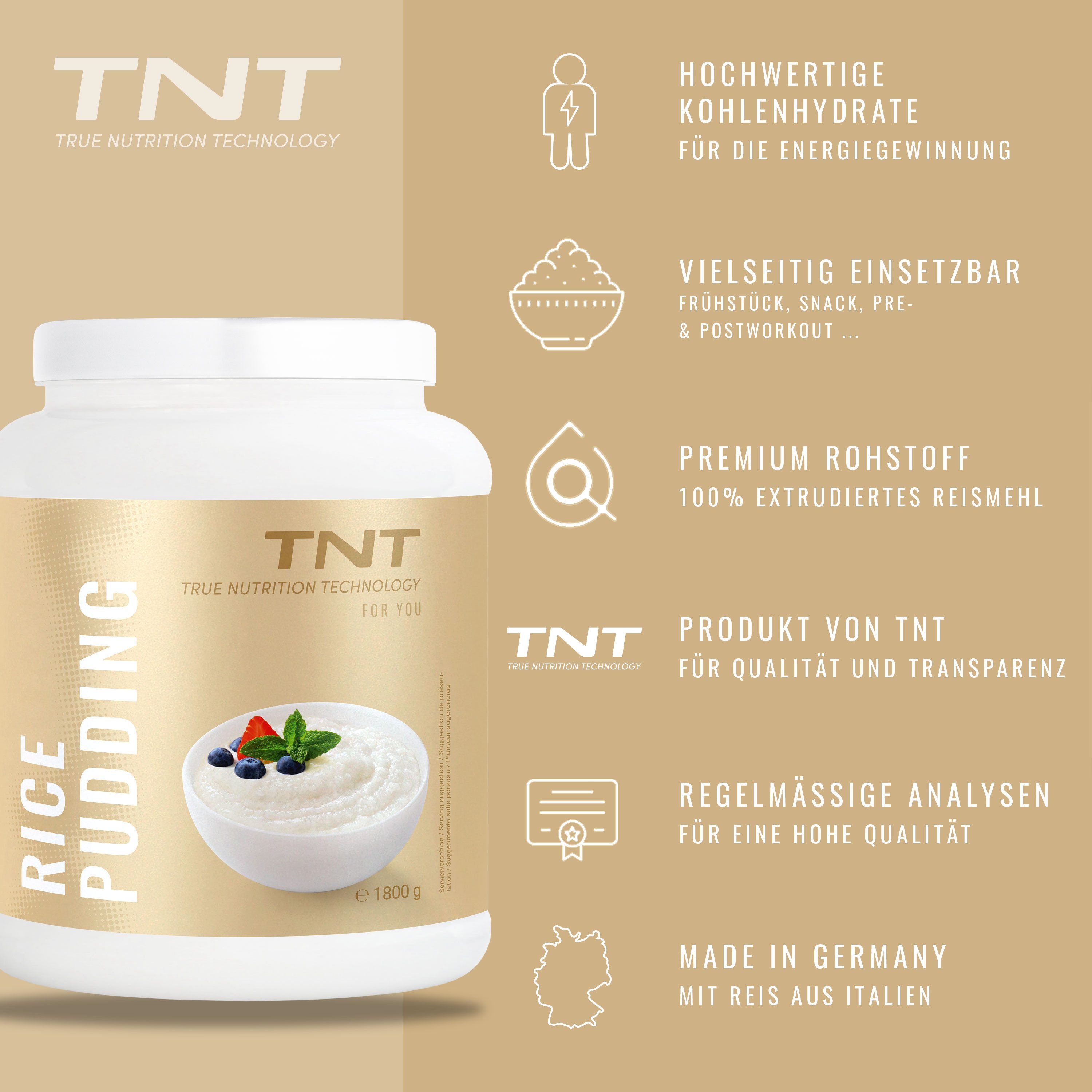 TNT (True Nutrition Technology) Rice Pudding - 100% extrudiertes Reismehl für kremige Konsistenz Pulver, 1800 g