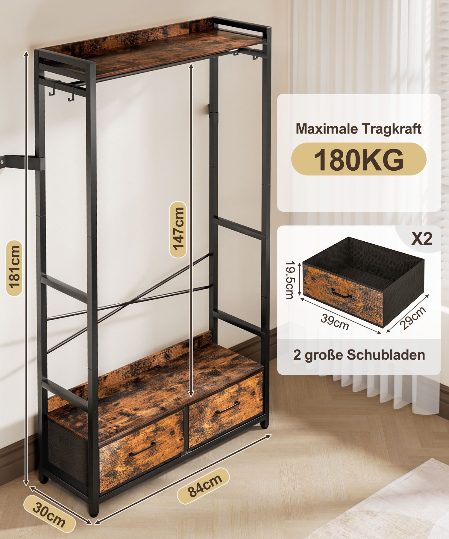 Yorbay Kleiderständer Garderobenständer mit 2 Schubladen & Aufbewahrungsbox günstig online kaufen